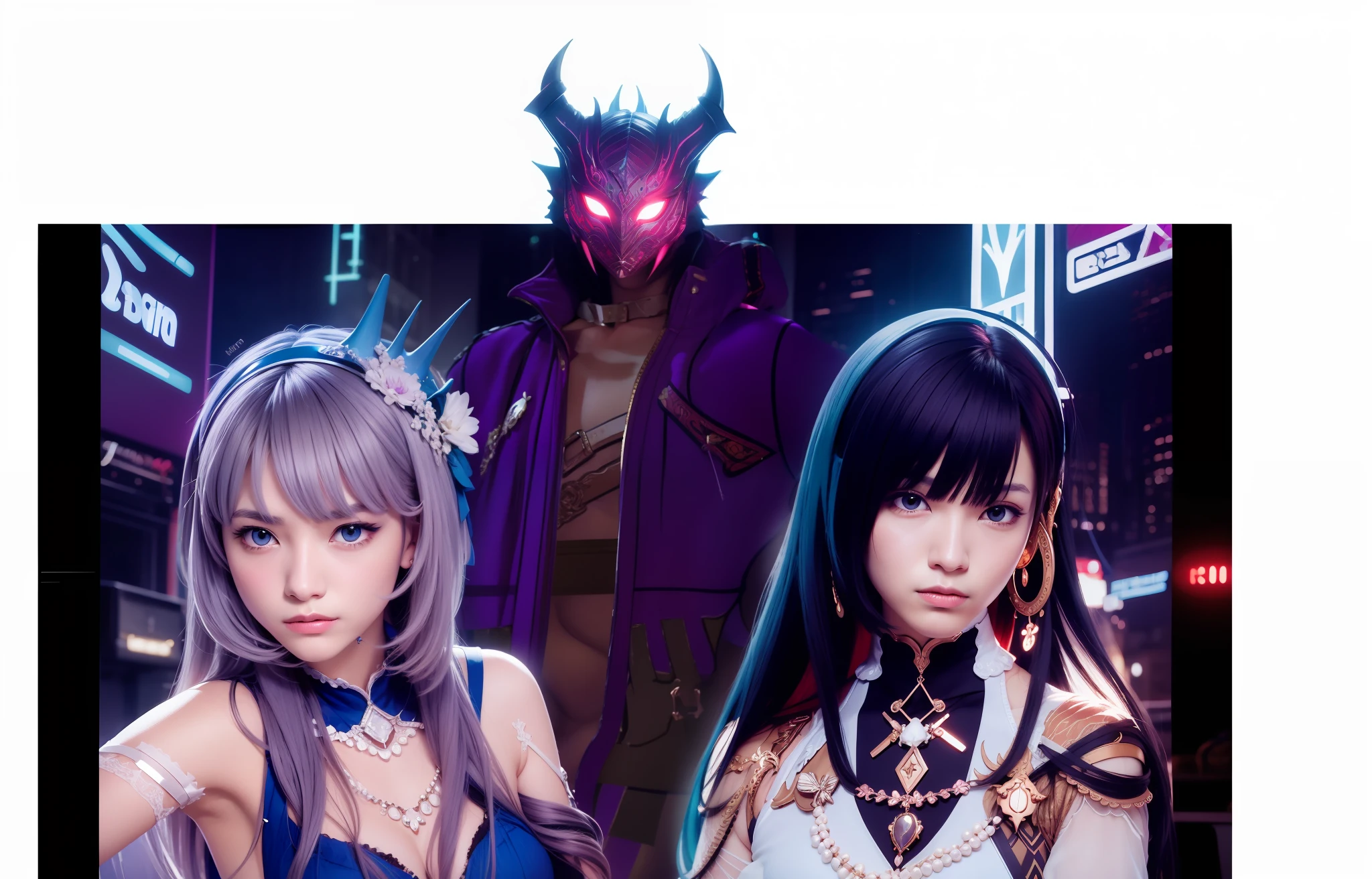 Male face, flat expression, wearing a purple dragon-shaped mask with red eyes, long white hair, masterpiece, Best