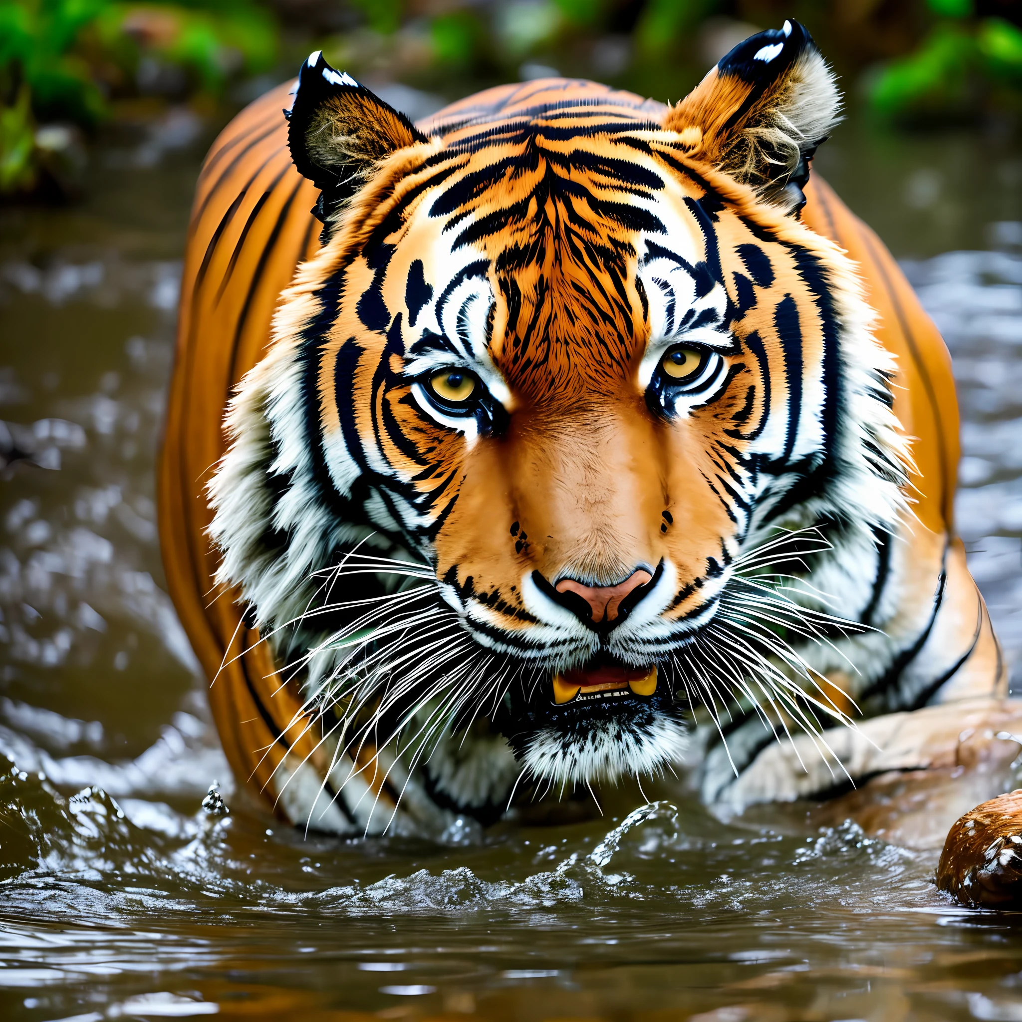 tiger in the river, in the water, 4k, 16:9, YouTube, 8k, uhd, iluminação baixa severa, alta qualidade, foco nitido, fujifilm XT3 --auto --s2