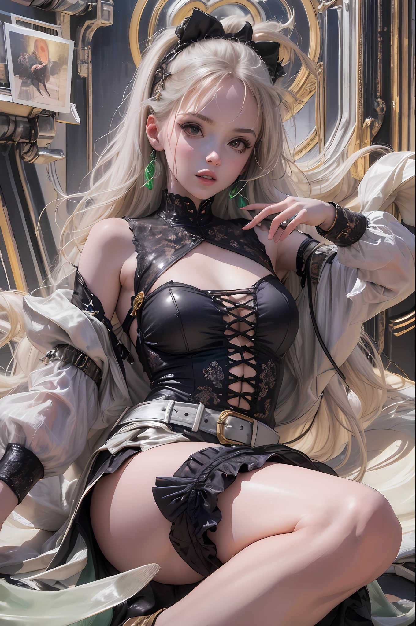 Best Quality, Masterpiece, 1 Girl, White Skin, Beautiful Face, Long Purple Hair, Flowing, Qi Bangs, Blue Pupils, Red Face, Slightly Open Lips, White Tight Hip Wrap Skirt (Black and Green Lines on Both Sides of the Skirt), Black Stockings (Length to Upper Knee), Short White Boots (Wrapped to Ankles), Full Body, Front Image, Detailed Face Details, Detailed Clothing Details, Dynamic Angle, Terminal Harem, (Photo Realistic: 1.3), Edge Lighting, (High Detail Skin: 1.2), 8K UHD, DSLR, HIGH QUALITY, HIGH RESOLUTION, 4K, 8K, Bokeh, Ridiculous,Gorgeous Background, Sci-Fi Background,Futuristic Background,Otherworld Background,Best Ratio,Background Detail,