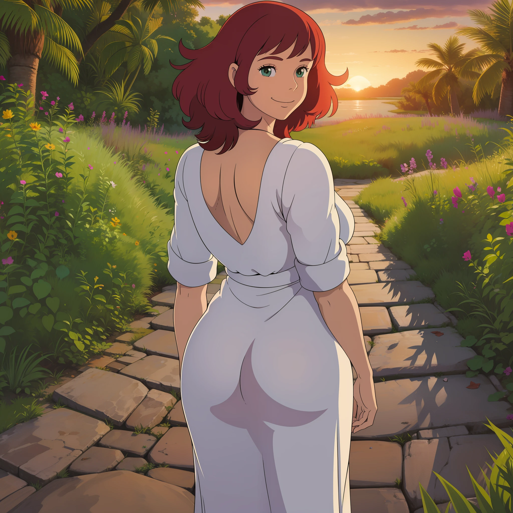 Girl, Celtic, medium hair, messy hair, redhead, dress, Milf, breasts, ass, sandals, standing up, looking at the sunset, tight dress, ass showing through dress, smile