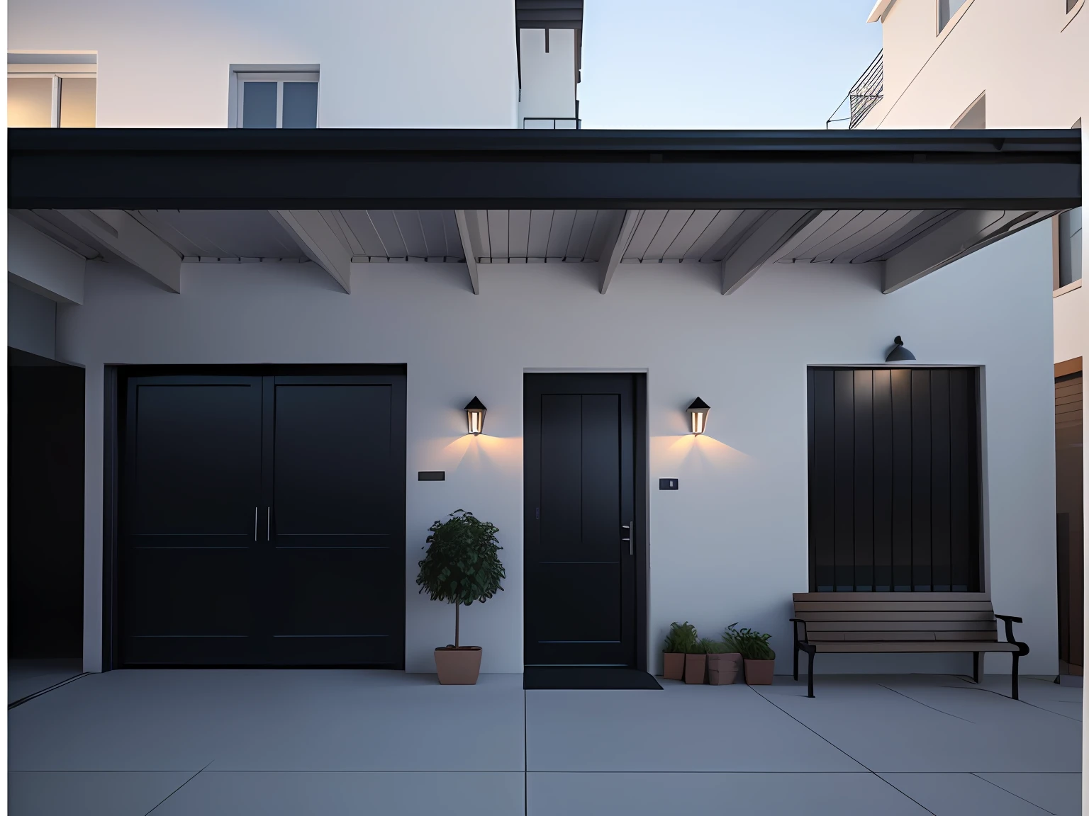 there is a black door and a bench in front of a white building, cinematic outdoor lighting, well lit 3 d render, with photorealistic lighting, in front of a garage, photorealistic style, photo realistic style, 3 d render even lit, elegant minimalism, rendered in povray, highly photographic render, night time render, realistic style, hyperrealistic render