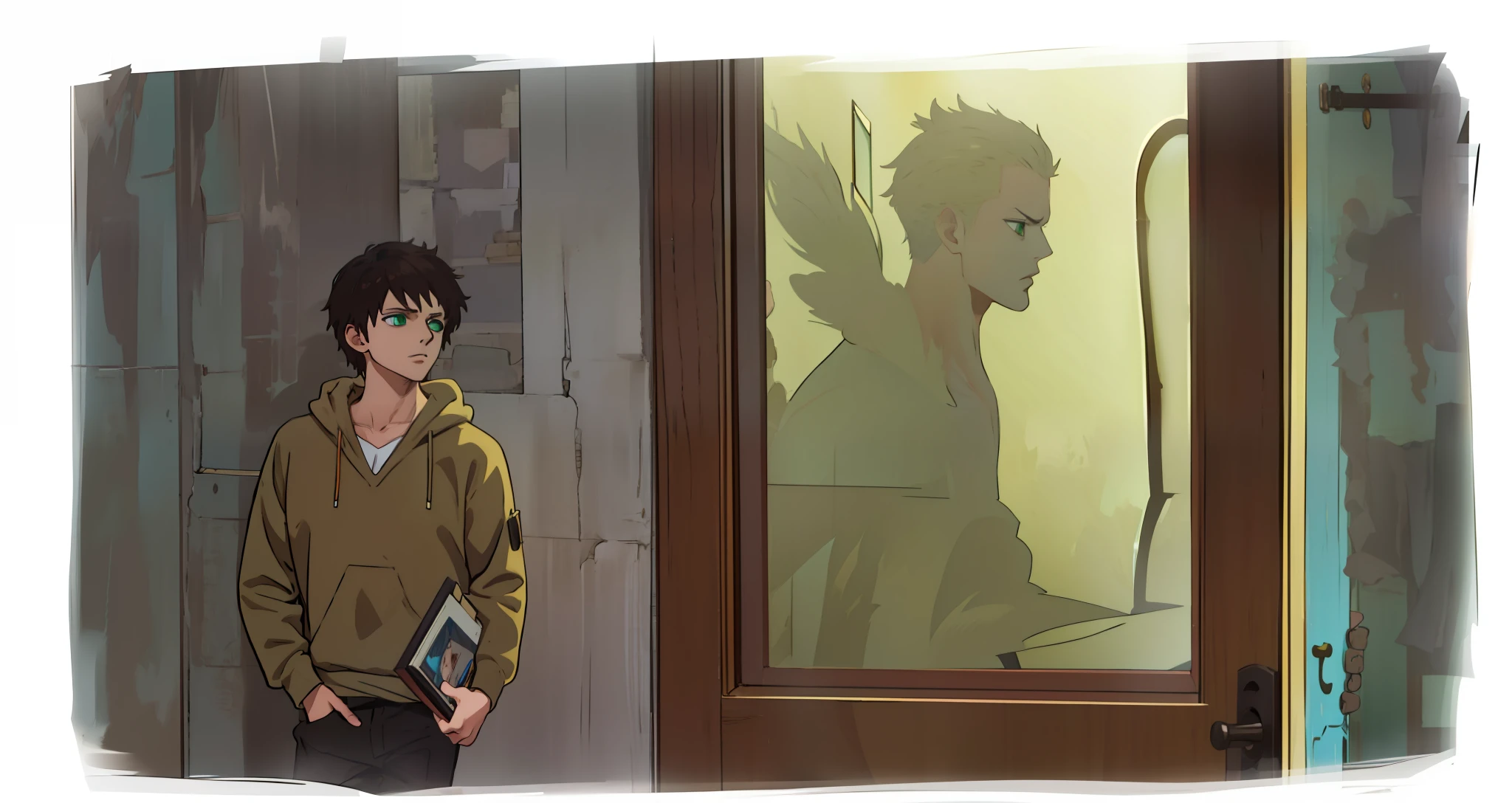 4k, realistic, very detailed, anime. Male teenager, dark hair, green eyes. He's next to a door. He's looking scared. It is possible to see the silhouette of a man through the glass of the door