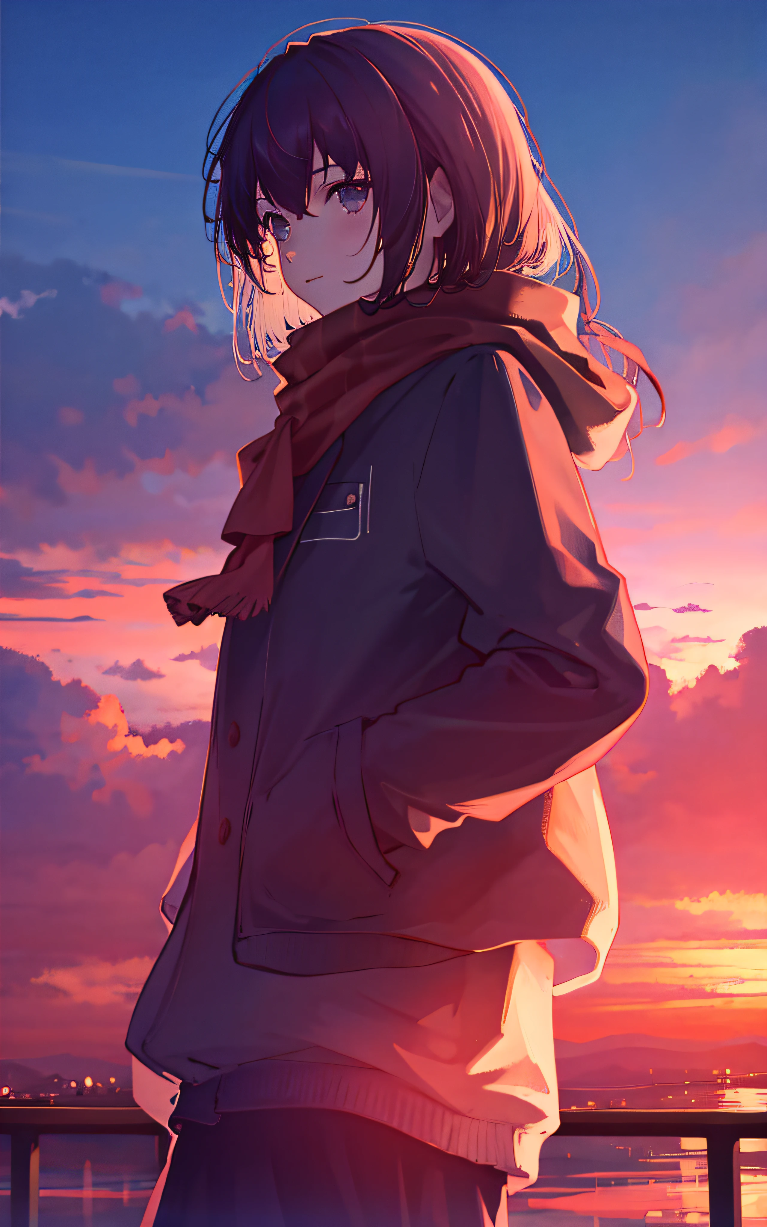 1girl, sunset,