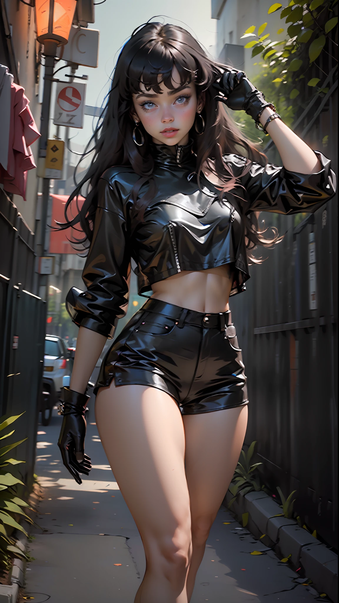 Woman's body set thick thighs, short uncensored shorts, thighs, black latex shorts, looking at the viewer, black hair, bangs, bracelet, black gloves, collarbone, long hair, black blouse, blue eyes, black blouse, bright clothes, night scene solo, wide avenue, dark environment.