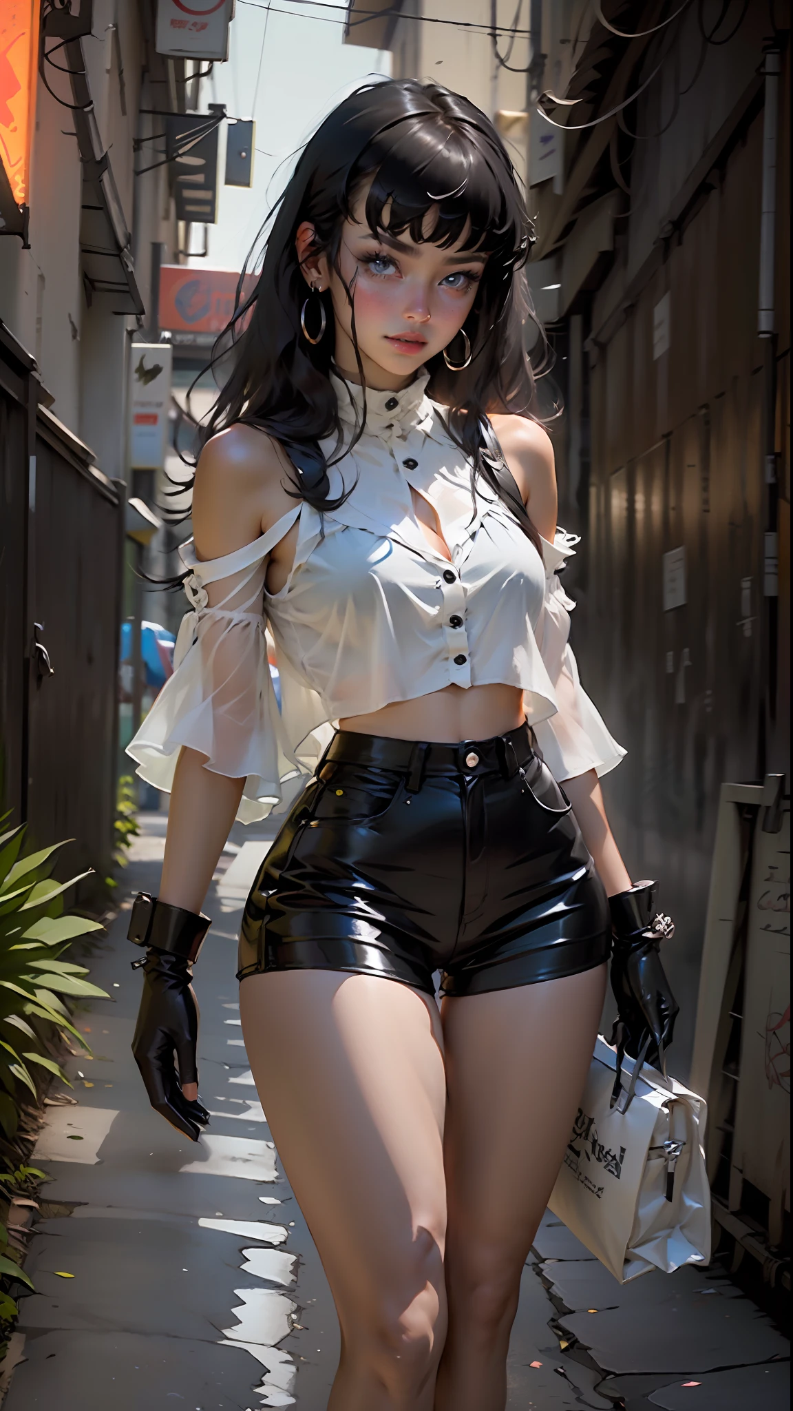 Woman's body set thick thighs, short uncensored shorts, thighs, black latex shorts, looking at the viewer, black hair, bangs, bracelet, black gloves, collarbone, long hair, black blouse, blue eyes, black blouse, bright clothes, night scene solo, wide avenue, dark environment.