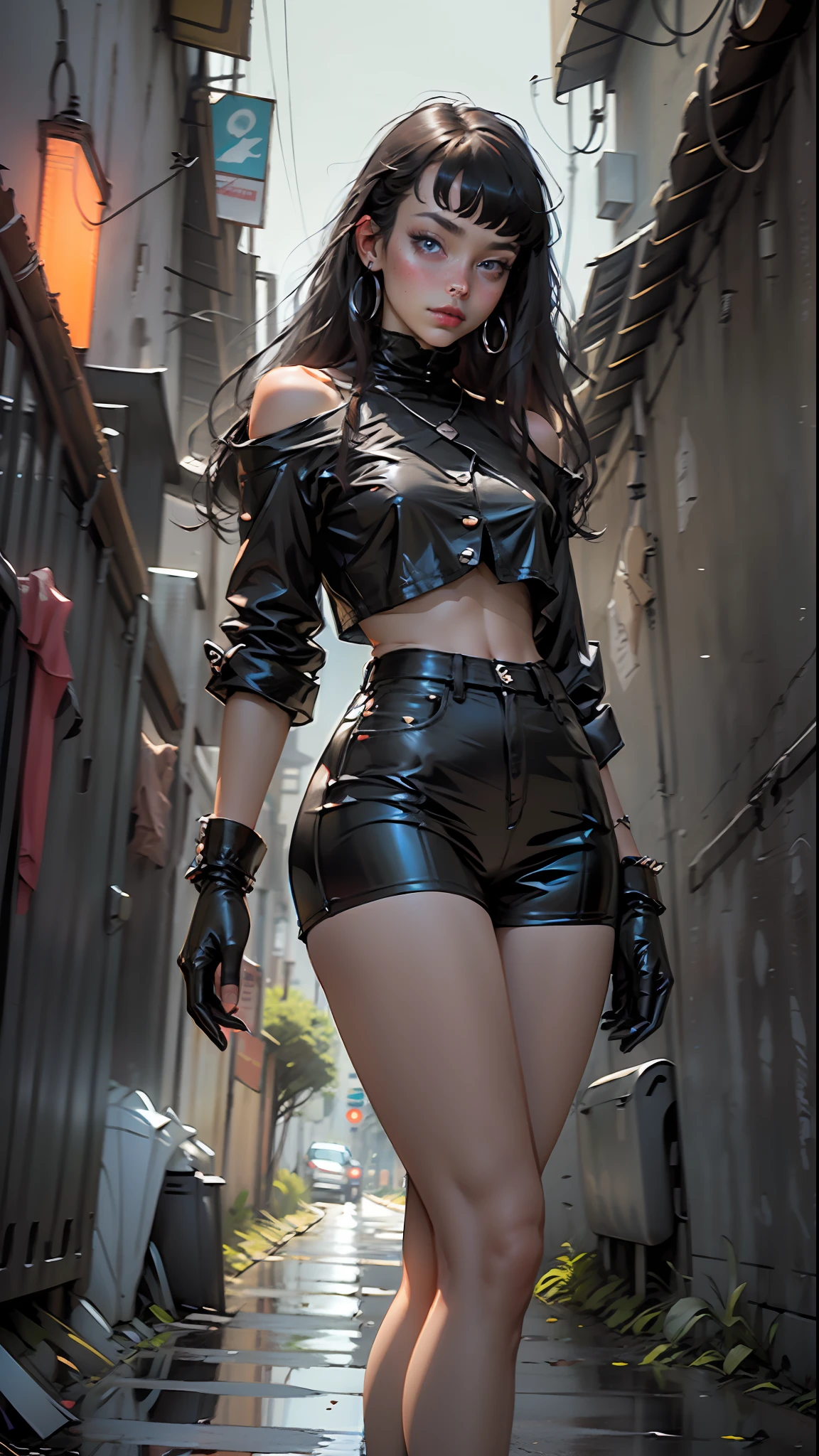 Woman's body set thick thighs, short uncensored shorts, thighs, black latex shorts, looking at the viewer, black hair, bangs, bracelet, black gloves, collarbone, long hair, black blouse, blue eyes, black blouse, bright clothes, night scene solo, wide avenue, dark environment.