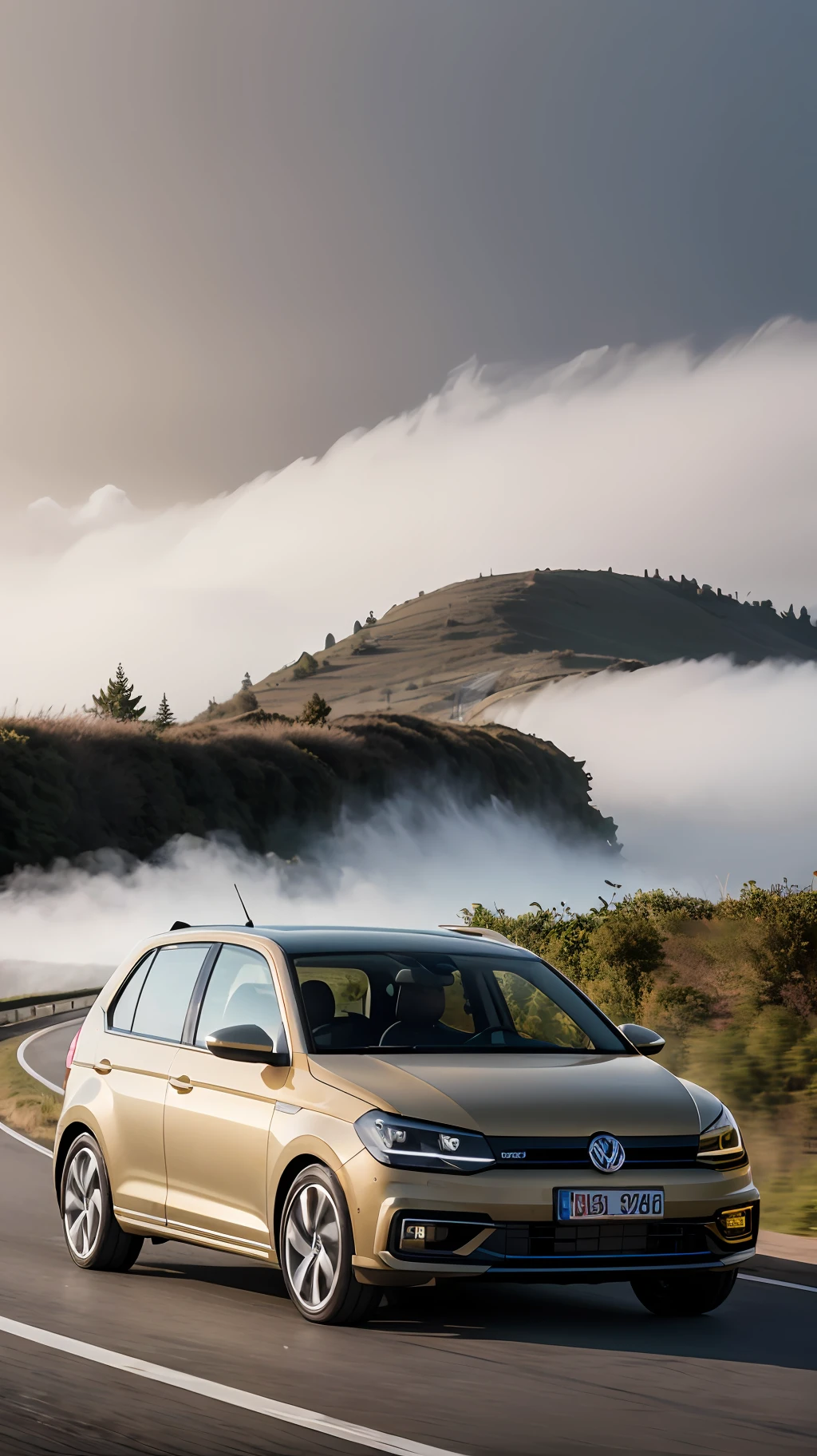 Car on highway at high speed, it is a Volkswagen Gol, ultra detailed, beautiful and aesthetic, masterpiece, best calidal masterpiece, super fine photo, super high resolution, photorealistic, sunlight, sharp focus, volumetric fog, 8k UHD, DSLR camera, high quality, film grain, photorealism, lomography, on a route with background motion blur