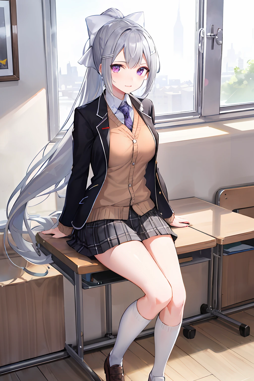 masterpiece, best quality, highres, higuchi kaede, 1girl, virtual youtuber, solo, long hair, mole under eye, skirt, necktie, jacket, purple eyes, socks, ponytail, hair ornament, white bow, hair bow, bow, blazer, very long hair, purple necktie, pleated skirt, white socks, hairclip, open clothes, cardigan, school uniform, kneehighs, grey hair, black jacket, shirt, collared shirt, plaid, open jacket, bangs, plaid skirt, miniskirt, tachi-e, white shirt, long sleeves, grey skirt, breasts, plaid necktie,