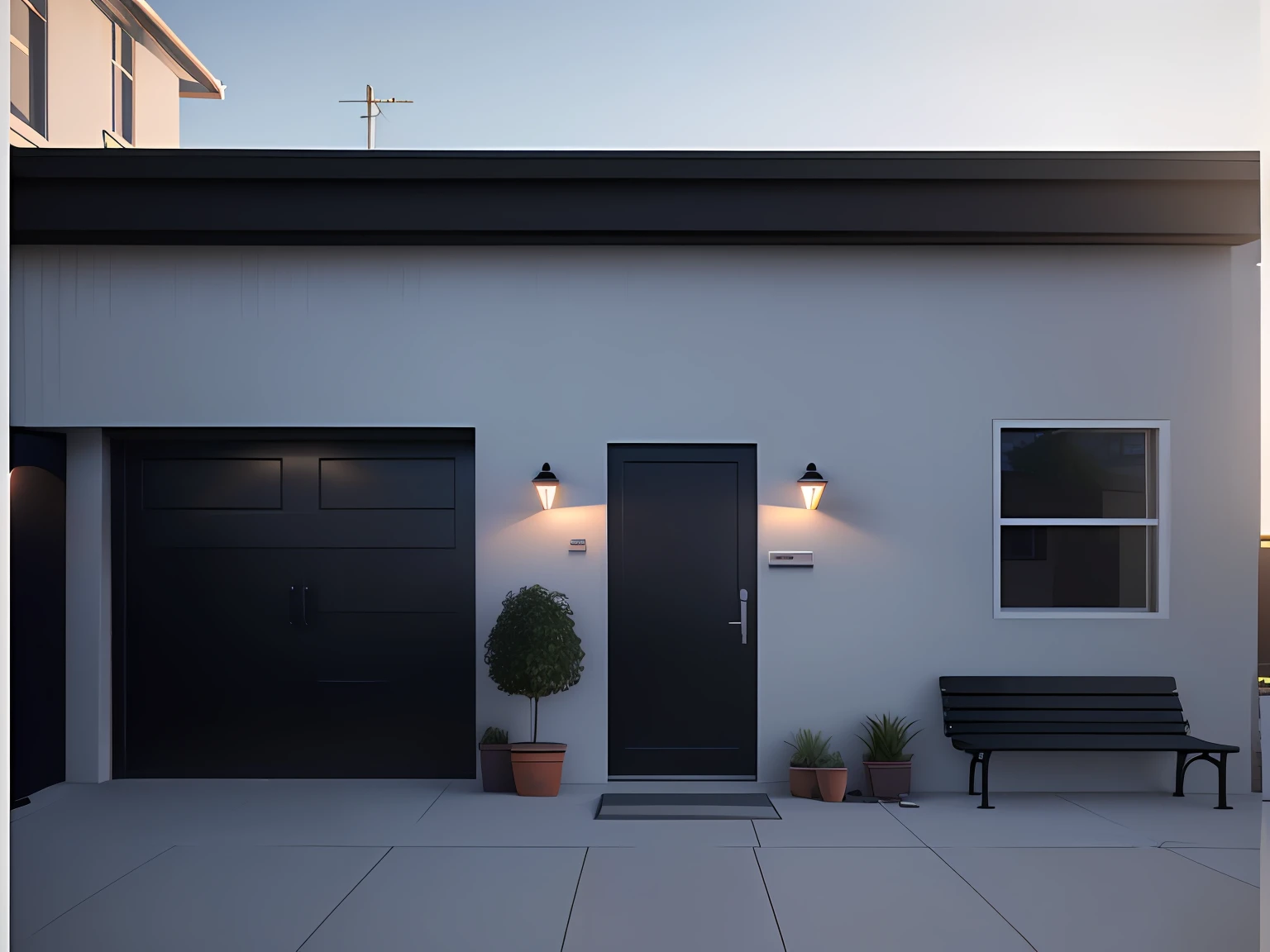 there is a black door and a bench in front of a white building, cinematic outdoor lighting, well lit 3 d render, with photorealistic lighting, in front of a garage, photorealistic style, photo realistic style, 3 d render even lit, elegant minimalism, rendered in povray, highly photographic render, night time render, realistic style, hyperrealistic render