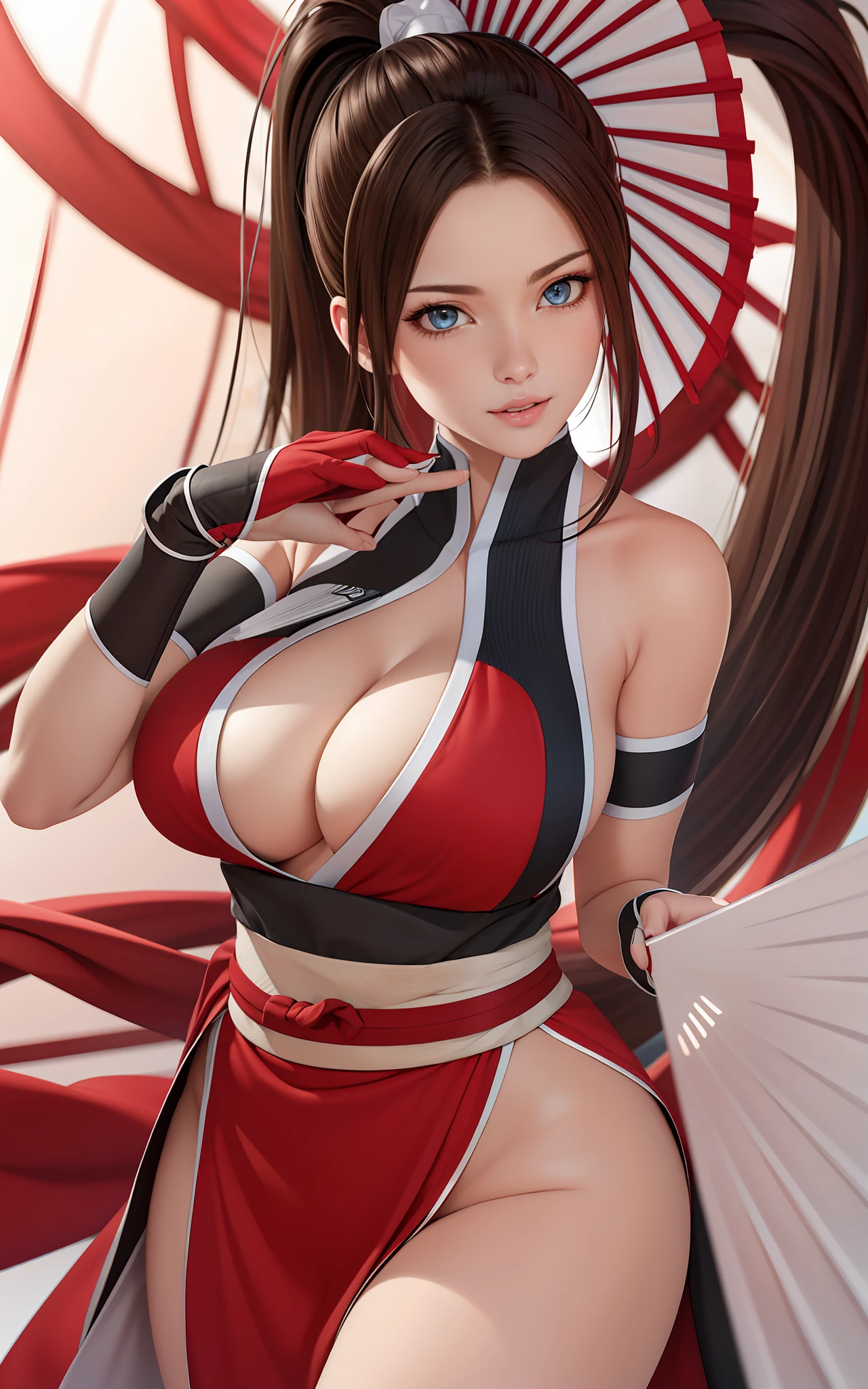 masterpiece, best quality, (realistic, 1girl, solo, beautiful face, detailed face, beautiful eyes), (large breasts), thighs, long hair, ponytail, breasts contains, red, shinobi, ninja, bare shoulder, elbow gloves, skirt curtain, hand fan, fans