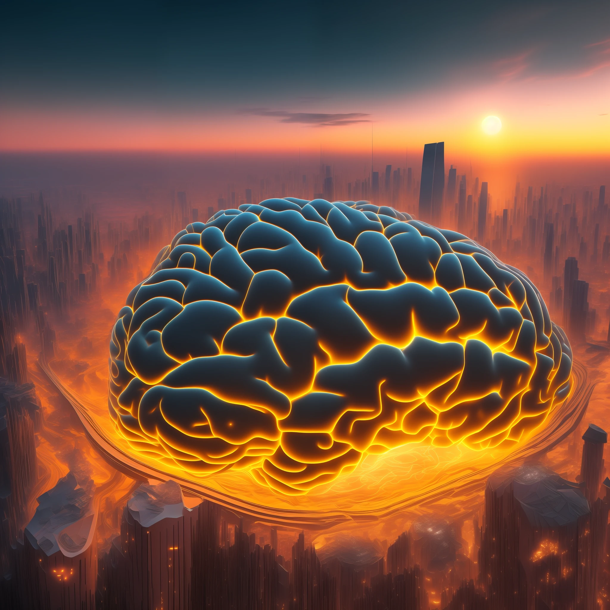 photo of a large brain on fire, (background of a futuristic city)+, bread from flying cars, blue rays, (complex details: 1.12), hdr, (complex details, hyperdetailed: 1.15)