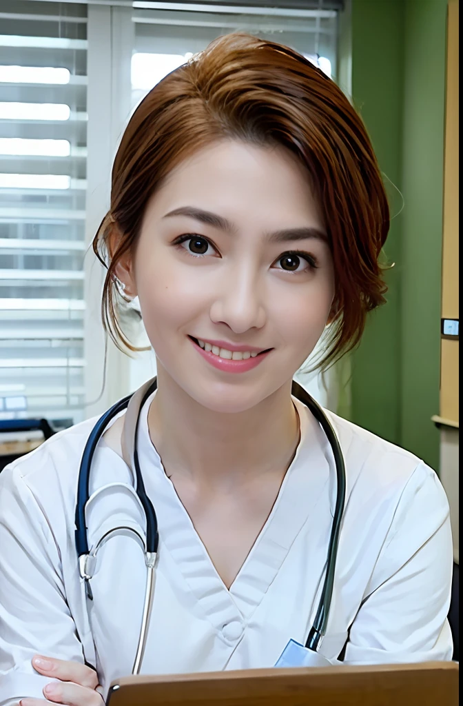 Masterpiece, high quality photo (realistic, photorealistic: 1.37), blonde hair, short fringe hair, brown eyes, female doctor, 28 years old, pink lips, light blue uniform, sitting in front of a desk in the hospital, wearing a stethoscope on his neck, reassuring smile, innocence, 100mm lens, (photorealistic), looking at the viewer, as a doctor, (complex details: 1.2), (masterpiece, : 1.3) ), (Best Quality: 1.4), (Ultra High Definition: 1.2), Ultra High Definition, (Detailed Eyes), (Detailed Facial Features), HDR, 8k Resolution, (Stethoscope), Far View, Floor Reflection, (Lens Flare: 1.4)