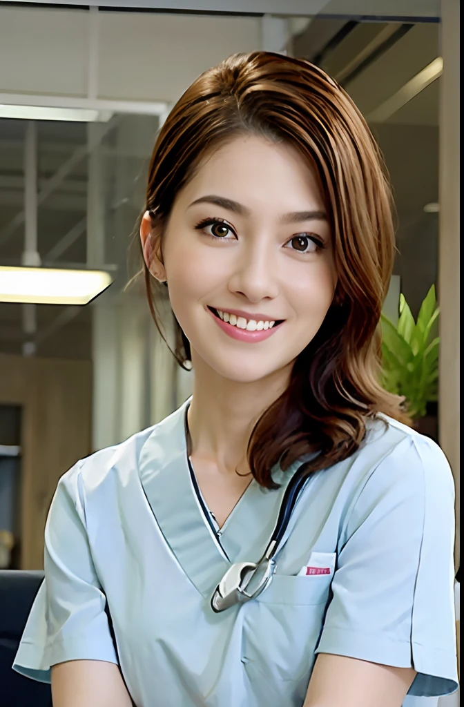 Masterpiece, high quality photo (realistic, photorealistic: 1.37), blonde hair, short fringe hair, brown eyes, female doctor, 28 years old, pink lips, light blue uniform, sitting in front of a desk in the hospital, wearing a stethoscope on his neck, reassuring smile, innocence, 100mm lens, (photorealistic), looking at the viewer, as a doctor, (complex details: 1.2), (masterpiece, : 1.3) ), (Best Quality: 1.4), (Ultra High Definition: 1.2), Ultra High Definition, (Detailed Eyes), (Detailed Facial Features), HDR, 8k Resolution, (Stethoscope), Far View, Floor Reflection, (Lens Flare: 1.4)