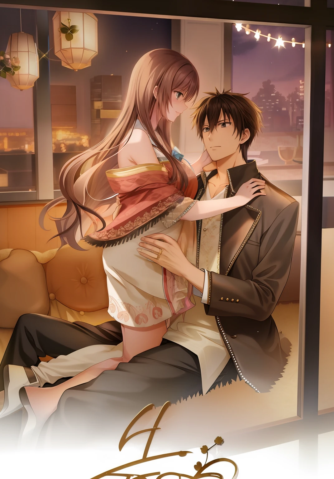 Anime image of a man and woman hugging in a room,