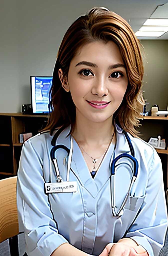 Masterpiece, high quality photo (realistic, photorealistic: 1.37), blonde hair, short fringe hair, brown eyes, female doctor, 28 years old, pink lips, light blue uniform, sitting in front of a desk in the hospital, wearing a stethoscope on his neck, reassuring smile, innocence, 100mm lens, (photorealistic), looking at the viewer, as a doctor, (complex details: 1.2), (masterpiece, : 1.3) ), (Best Quality: 1.4), (Ultra High Definition: 1.2), Ultra High Definition, (Detailed Eyes), (Detailed Facial Features), HDR, 8k Resolution, (Stethoscope), Far View, Floor Reflection, (Lens Flare: 1.4)