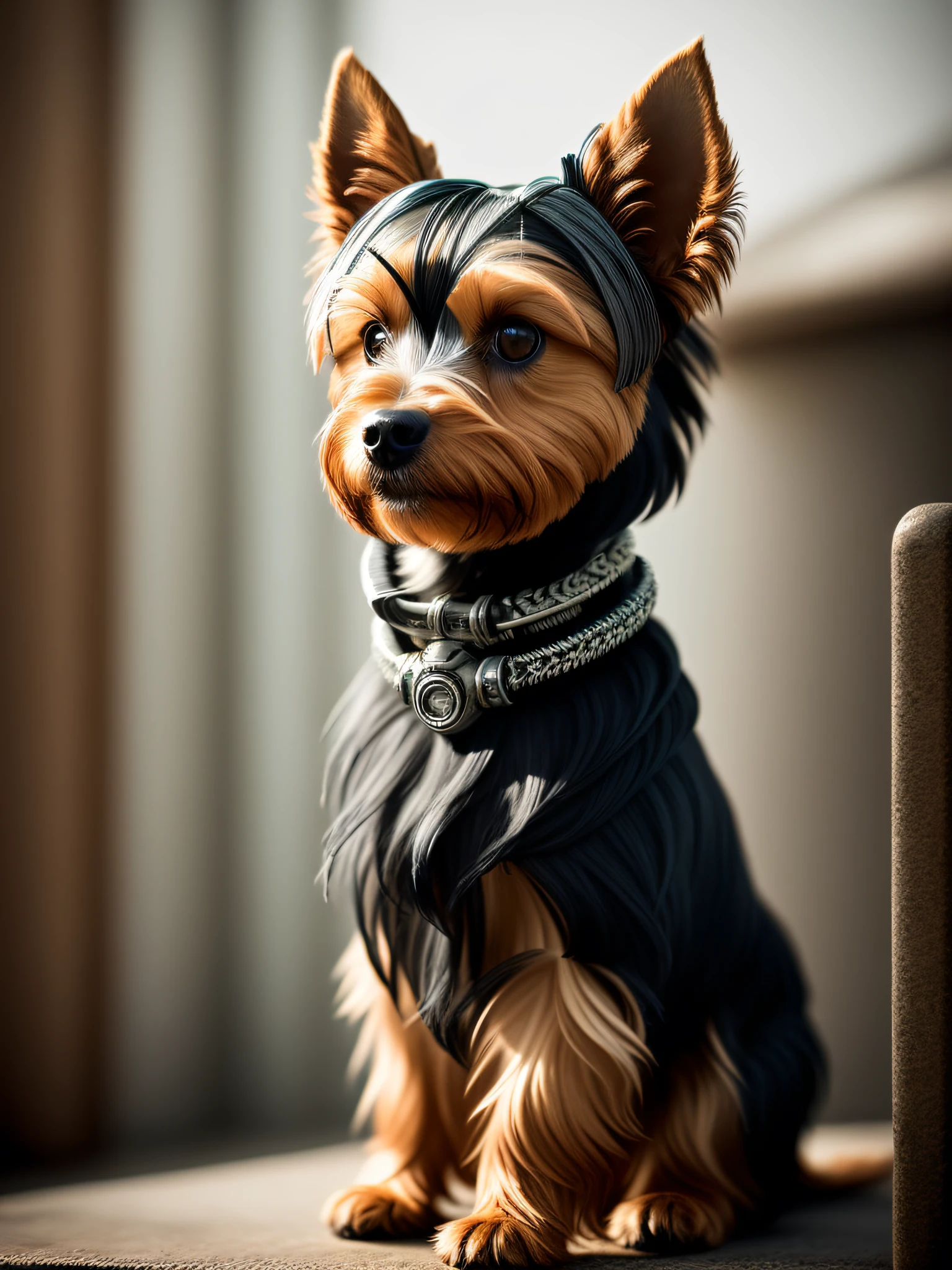 A gorgeous Yorkshire terrier made of metal, (cyborg:1.1), ([tail | detailed wire]:1.3), (intricate details), HDR, (intricate details, hyperdetailed:1.2), cinematic shot, vignette, centered