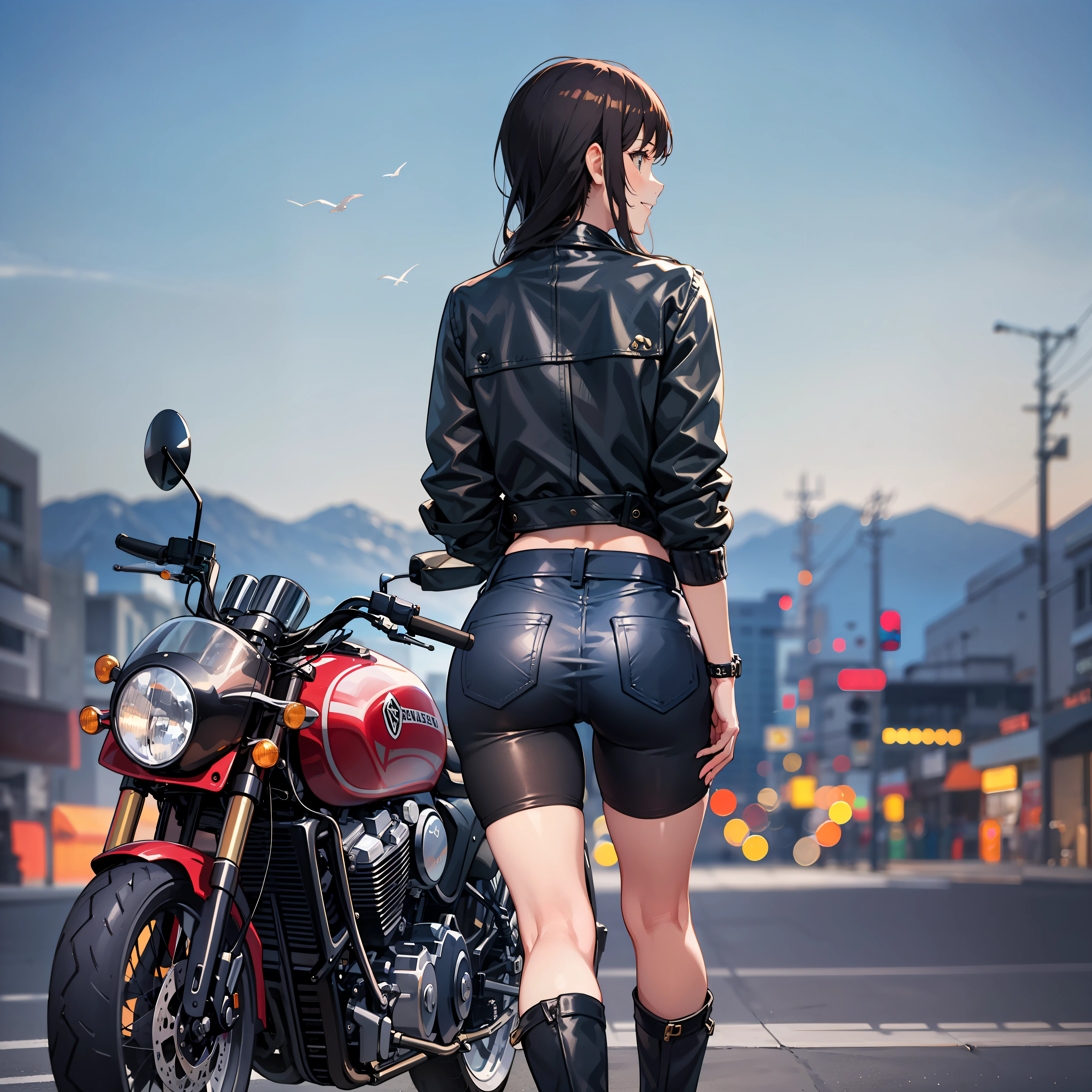 Top quality, masterpiece, high resolution, two beautiful girls, black hair long hair, forehead, brown hair shortcut, fluttering hair, travel, motorcycle, touring, two seater, smile, two bikes, SR400, Serro 250, horizon, continent, country road, flight jacket, rider's jacket, hood, goggles, helmet, hot pants, mini skirt, knee support, boots, clear weather, blue sky,