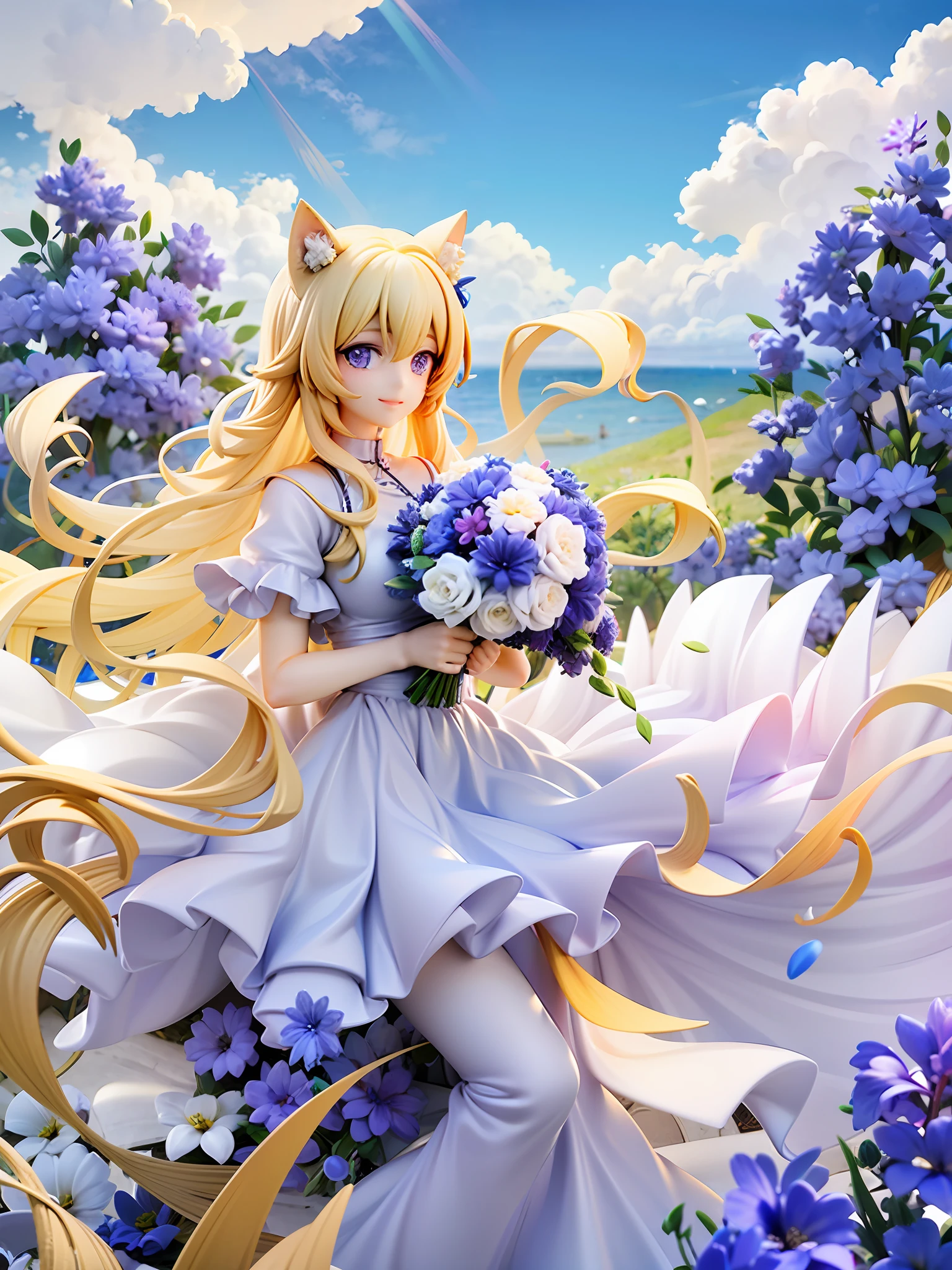 Girl, frontal, blonde hair, long hair, cat ears, purple eyes, beautiful eyes, smile, beautiful white dress, holding bouquet of white and pink flowers in both hands, blue sky, white clouds, clear sky, beautiful white and yellow flowers background, look here