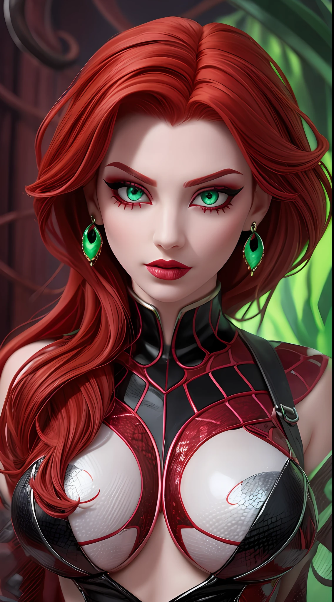 Crimson Viper has a seductive appearance, with intense red hair and mesmerizing green eyes. Her skin has a pale undertone, enhanced by dramatic eye makeup. She wears a fitted outfit in shades of red and black, with details reminiscent of snake scales. When you use your poisonous powers, a subtle mist of poison envelops your body, giving off a poisonous glow.
