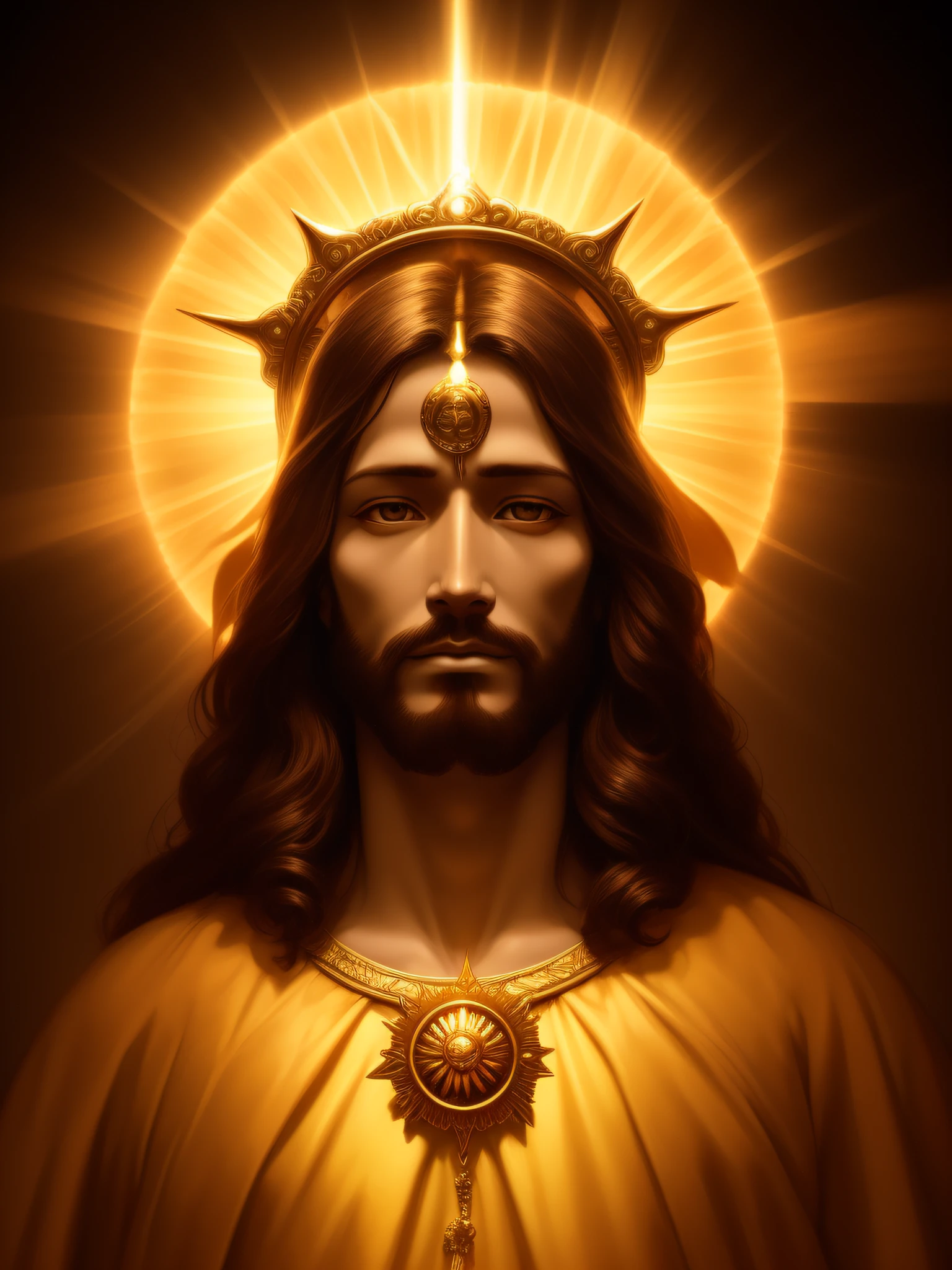 highly detailed portrait of a jesus christ sun god halo of light, gold, unreal engine, art by mark ryden, lostfish, earl norem, global illumination, god rays, detailed and intricate environment, elden ring style