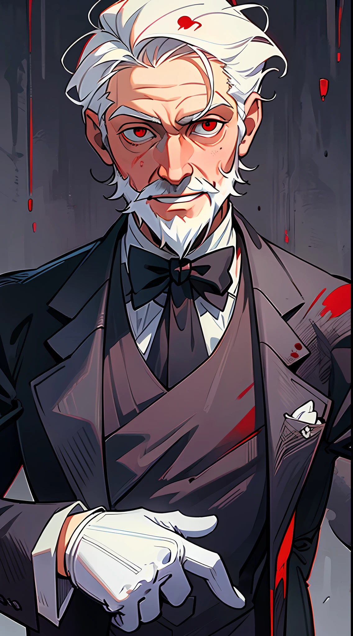 (best quality, masterpiece), 1boy 50yo old man, upper body, blood splatters, blood, formal, looking down, looking at the viewer, white hair, white beard, red eyes, vampire, butler, butler outfit, white gloves submission pose, muscular, smile, black humor
