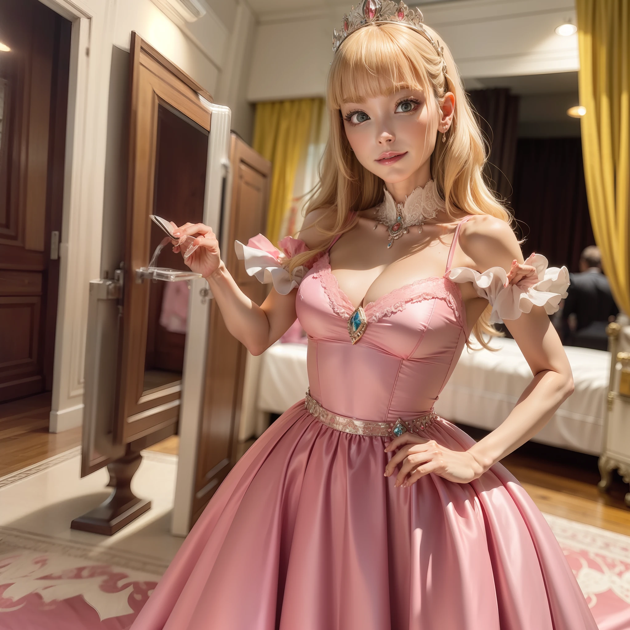 Portrait of beautiful princess in pink dress, narrow blonde hair: 1.2