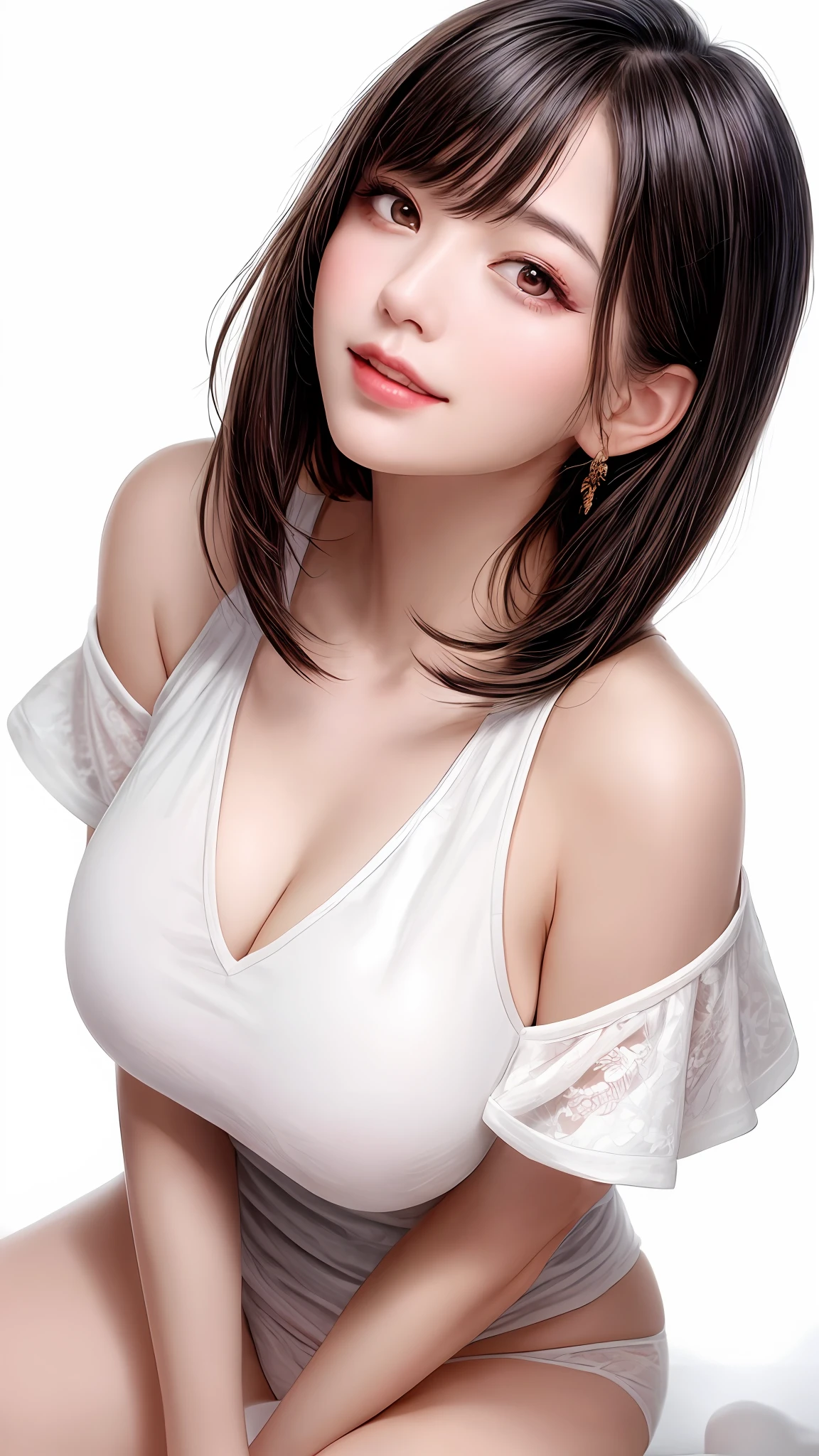 Pee (incontinence: 1.47), fashion trendy beautiful and attractive woman, gentle and attractive Chinese beautiful woman, Korean (kpop idol), delicate and sexy collarbone, attractive oval face, double eyelids, smart [peach] flower eyes, pink lips, small nose, bare shoulders, focus on face, [[face close-up], ultra high definition, super detail, White off-shoulder lace shirt, (((white lace panties), fresh and impressive, natural (large: 1.25), (kneel on the ground), (legs wide open), (legs spread), (from a low angle), (upright 1.5), (shiny skin: 1.4), (low angle)), perfect figure, areola, cleavage, armpit wrinkles, (floor urine)), (NSFW: 1.05), ( Showpiece, top quality, high precision)), one girl, (big, photorealistic: 1.4), (slightly above the camera, looking up at the camera, looking up, looking up at the camera, staring at the camera))), solo, solo, white background, snow-white background, mouth closed, happy smile, pretty black hair, short hair, big eyes, pronounced double eyelids, eyelashes, ears out, long neck, long neck, Absolute area, ((close-up of face, short hair with bangs)), 19 years old, attractive proportions, shiny skin, clean collarbone, golden ratio face, perfect face, teardrop mole, chest mole, bangs, clean bangs, beautiful bangs, lip gloss, thin lips, white skin, undressed, big breasts, small face, staring at the camera a little upwards, ((smiling a little at the camera, really nothing pure white background, very big, big big, big breasts)), ((((uniform, shirt))))