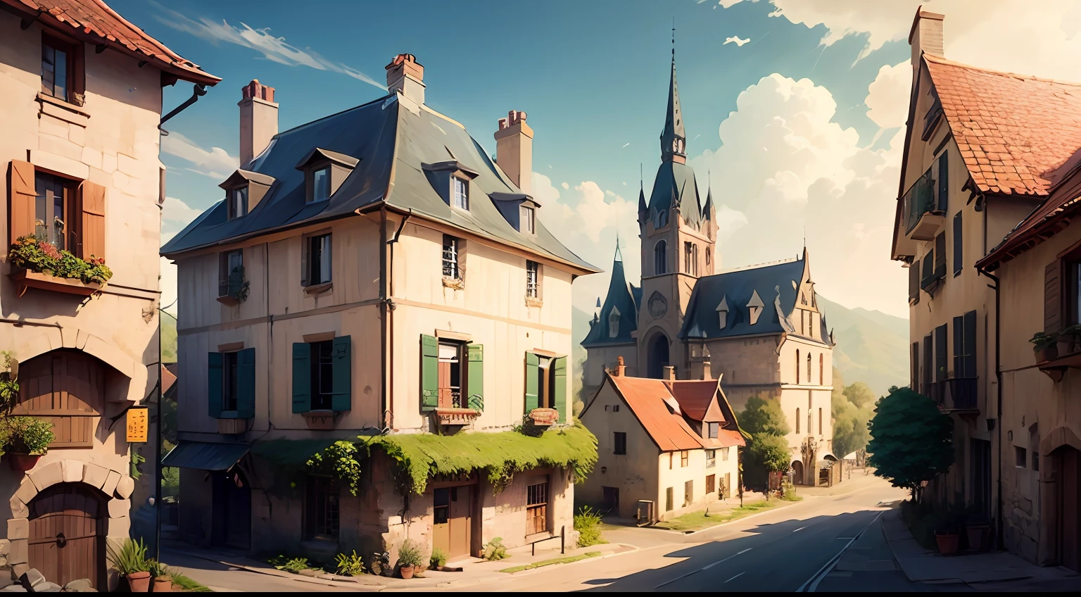 village, French architecture, fantasy, anime style, view from afar, with an orphanage --auto