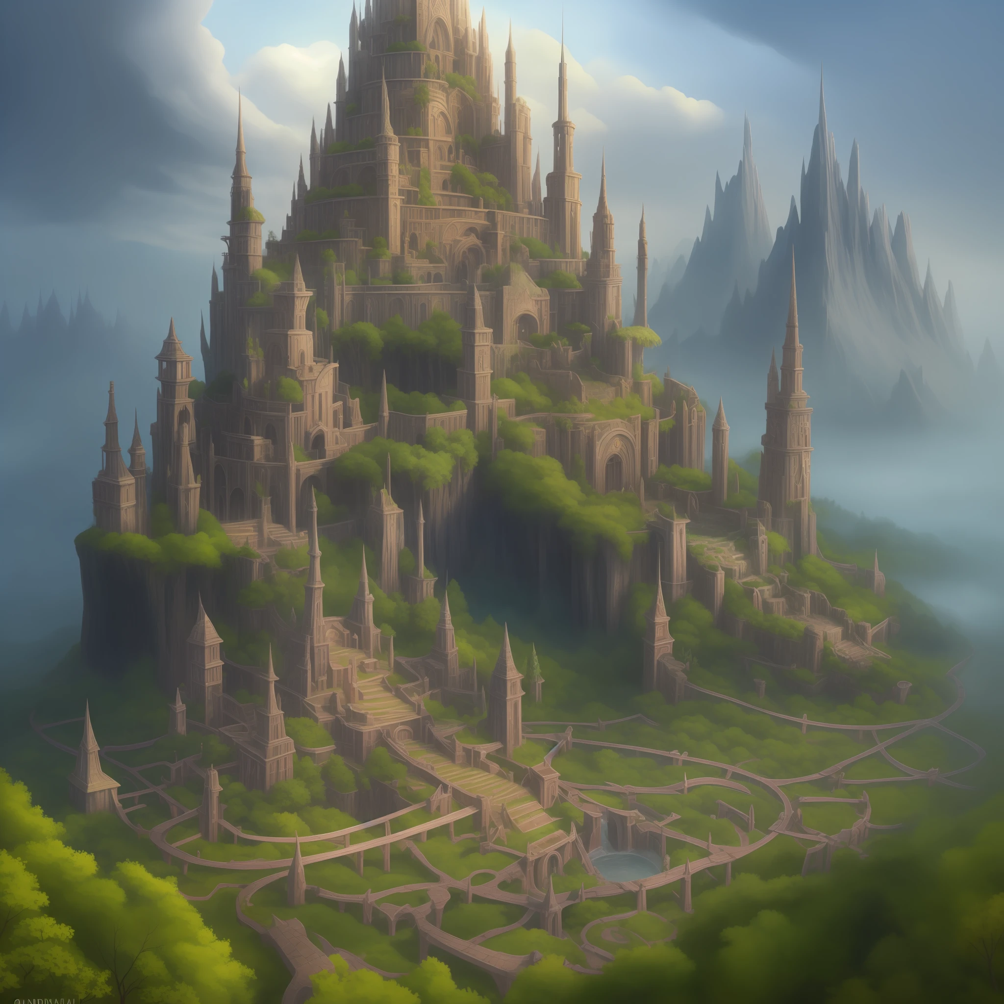 There is a tree tower, medieval, tree that has a tower in the middle of the forest, tree city, made of tree and fantasy valley, elven city, elven architecture, medeival fantasy city, fantasy city scenery, highly detailed fantasy art, painted by Andreas Rocha, Rivendell epic fantasy, detailed fantasy digital art, beautiful 3D concept art