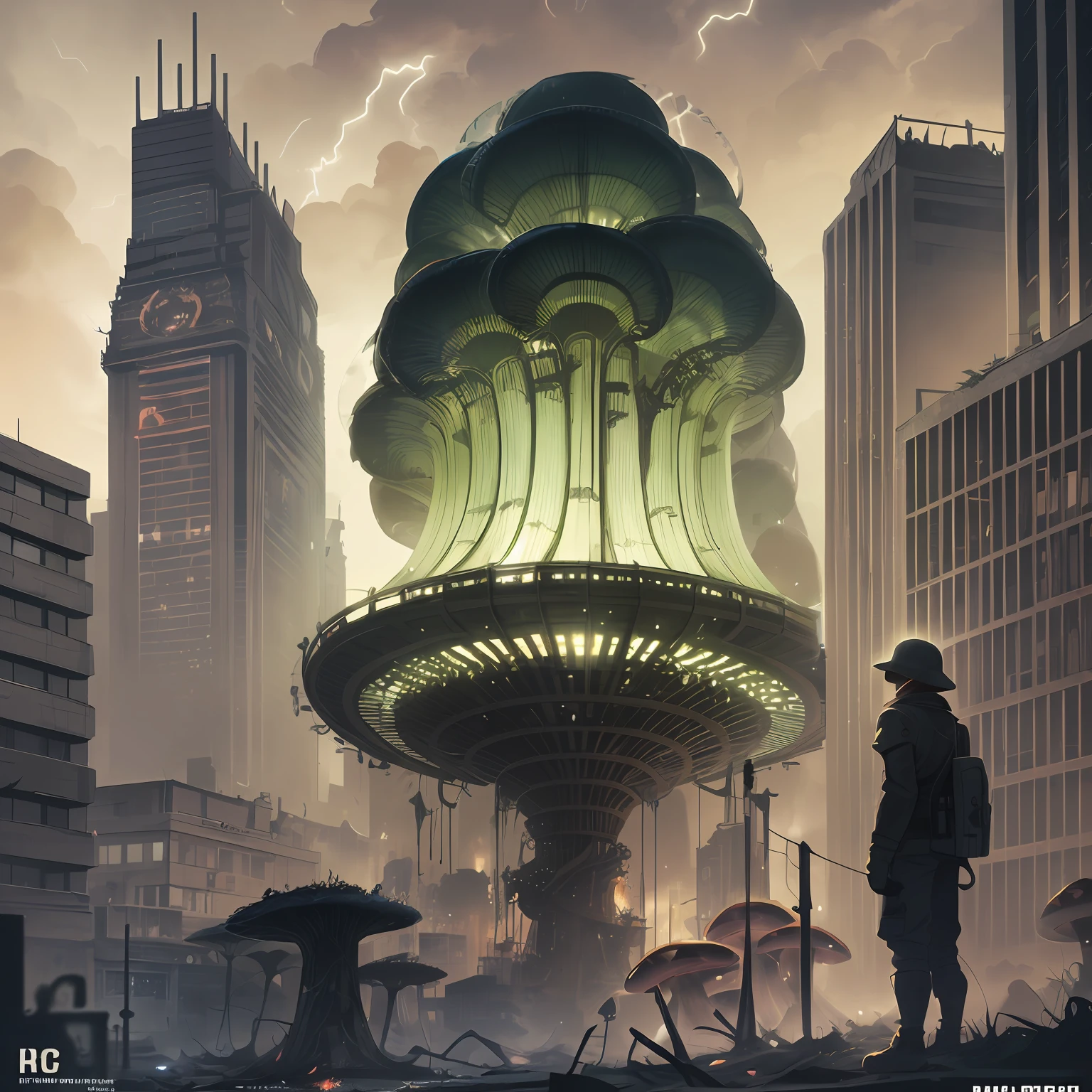 sci-fi city, art deco, huge biological mushroom in the city center, zombie apocalypse radiation storm, black mold, mold, toxic environment, sci-fi concept art, lightning, 4k concept art, epic fantasy science fiction illustration, huge and long mushroom, biomechanical mushroom, HR Giger, bulky, high quality, book cover, art nouveau, green clouds of radiation, gothic art