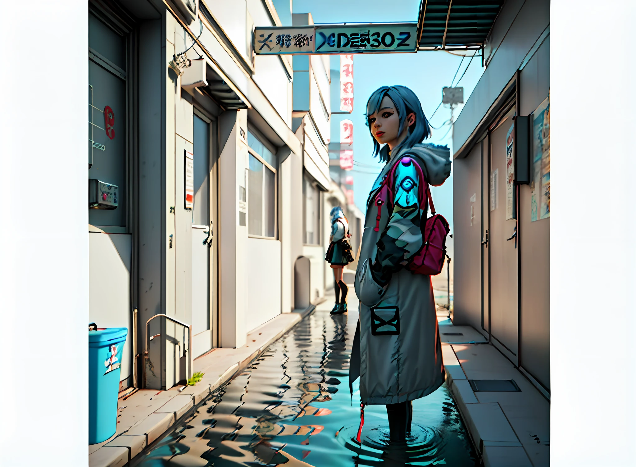 there is a woman that is standing in the water with a coat, trending on cgstation, 3 d render character art 8 k, photorealistic anime girl render, female cyberpunk anime girl, beautiful digital artwork, cyberpunk anime girl, smooth anime cg art, trending at cgstation, ross tran 8 k, tifa lockhart, 3 d anime realistic