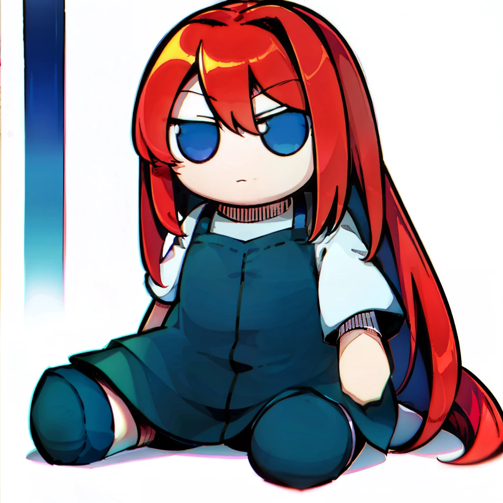 masterpiece, best quality, fumo, sitting, doll, AokoMeltyBlood red hair, blue eyes, Casual, Clothing, Aoko, MB, white background