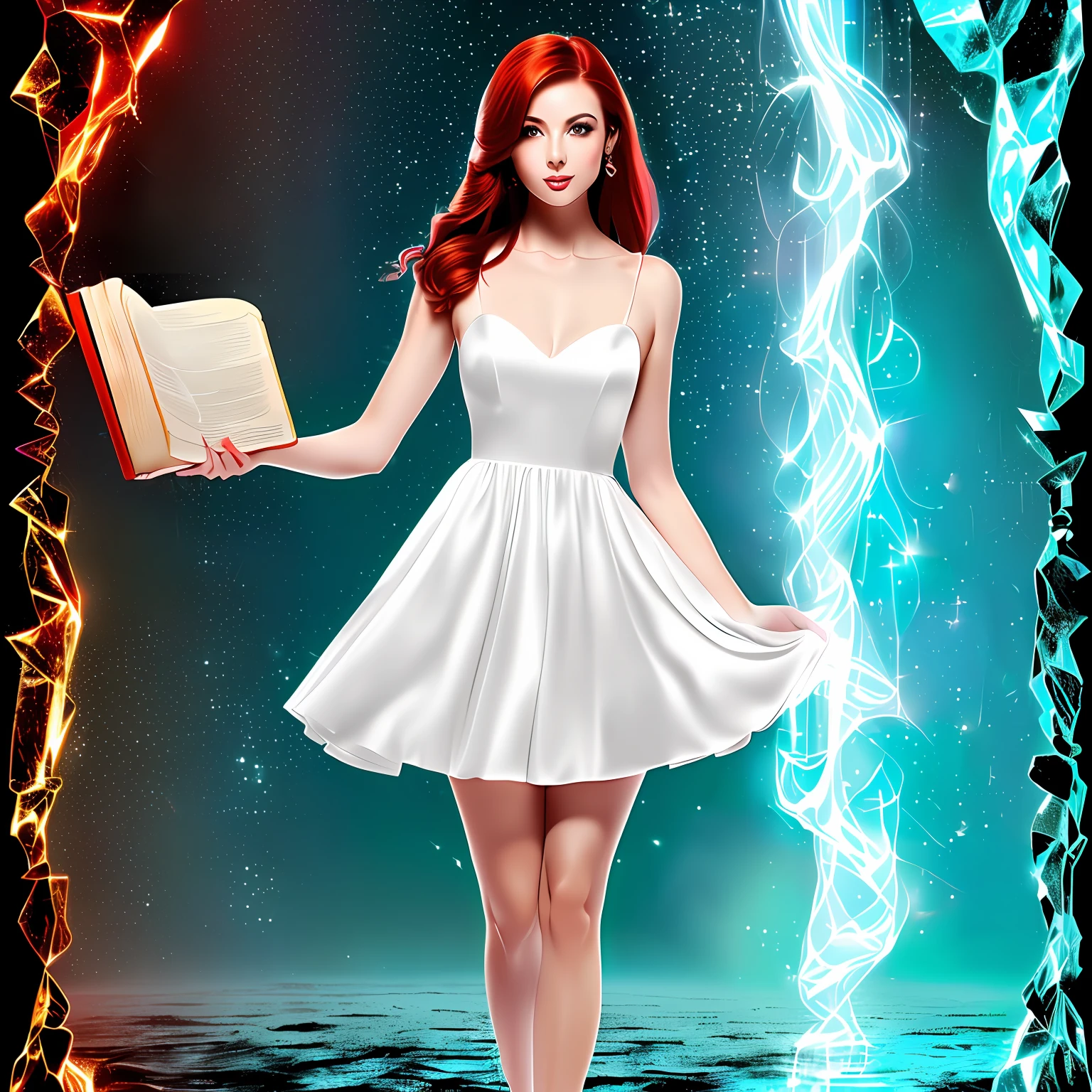 An older woman in a long crystal white dress, high heels, dark red hair, tall and thin, holding a bewitched book that is half blue and half red --auto
