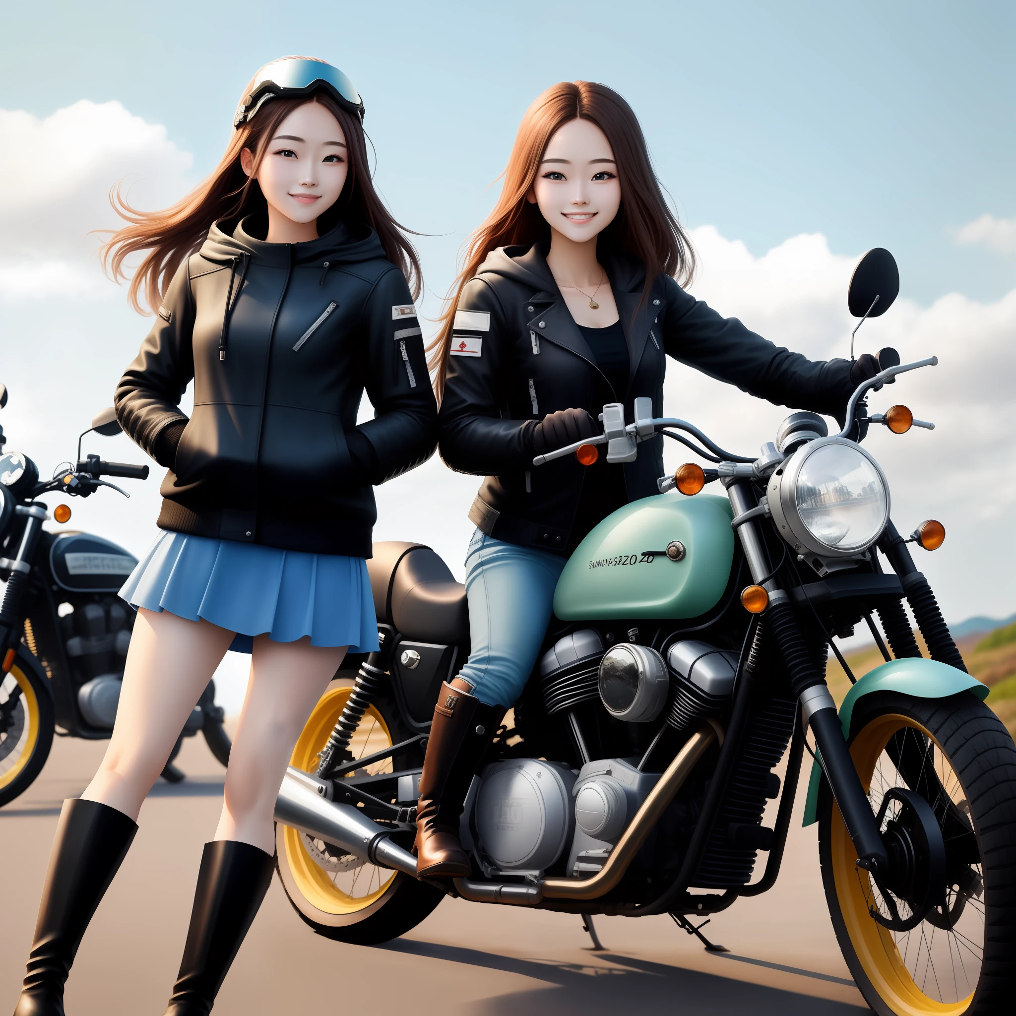 Top Quality, Masterpiece, High Resolution, Two Beautiful Girls, Black Long Hair, Forehead, Brown Hair Shortcut, Fluttering Hair, Travel, Motorcycle, Touring, Two Seater, Smile, Two Bikes, SR400, Serro 250, Horizon, Continent, Country Road, Flight Jacket, Rider's Jacket, Hood, Goggles, Helmet, Hot Pants, Mini Skirt, Knee Thin Guard, Boots, Sunny Weather, Blue Sky、