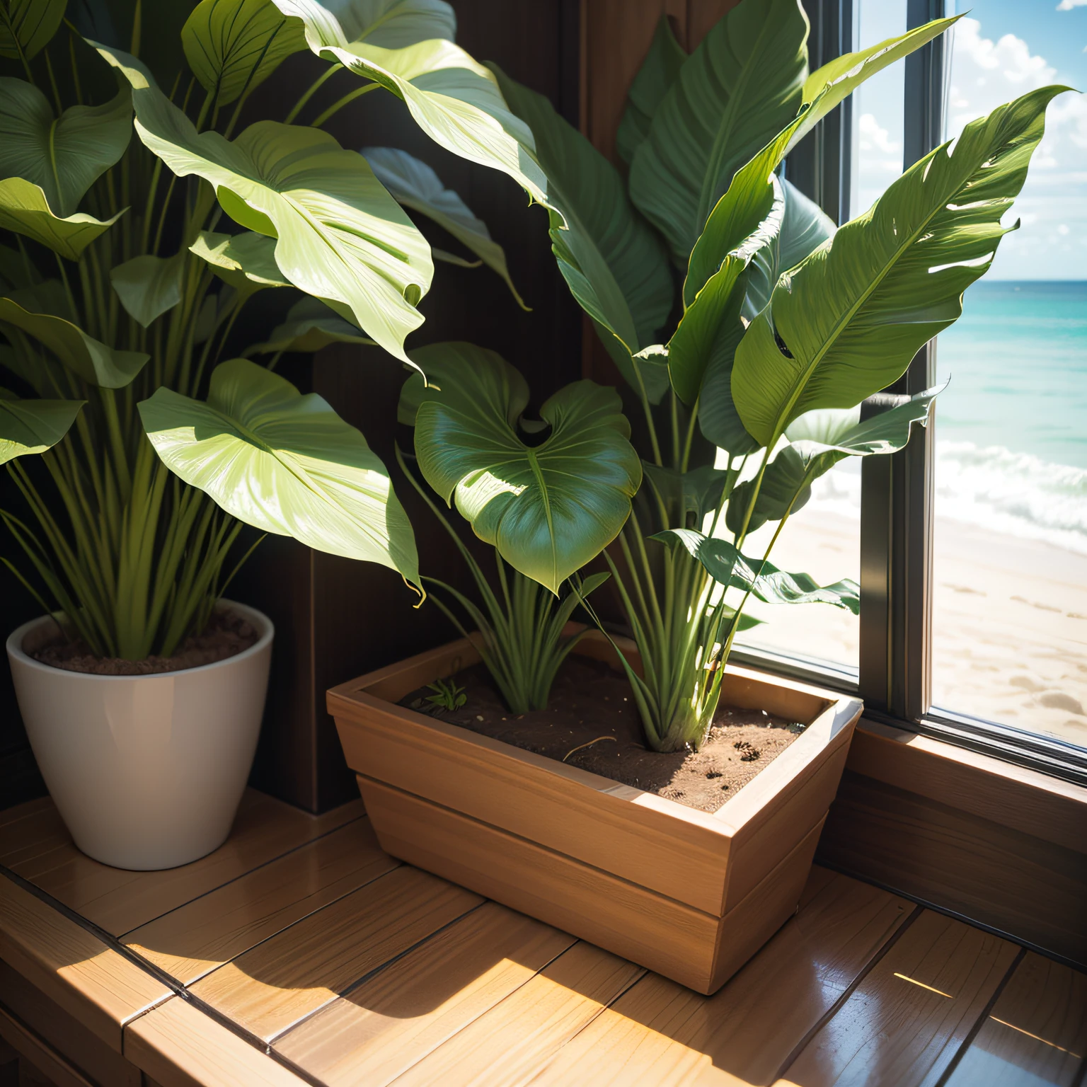 A photo of a Peace Lily in a beach setting, where the plant adds a touch of green and freshness to a sunny space --auto