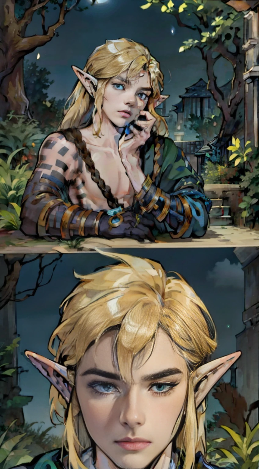 (8k, RAW photo, best quality, masterpiece: 1.2), (realistic, photorealistic: 1.37), (1boy) blond hair, (((/dull blue eyes/))), calm expression, closed mouth, (antique, covered and), (((NOT NSFW))) hyrule background, (((night))) moonlight, fantastic atmosphere, beautiful lights, perfect and detailed face,  beautiful and melancholy face, young elf man of 20 years, (((FULL BODY))) hyrule kingdom, dense forest, beautiful background, wallpaper, 8K