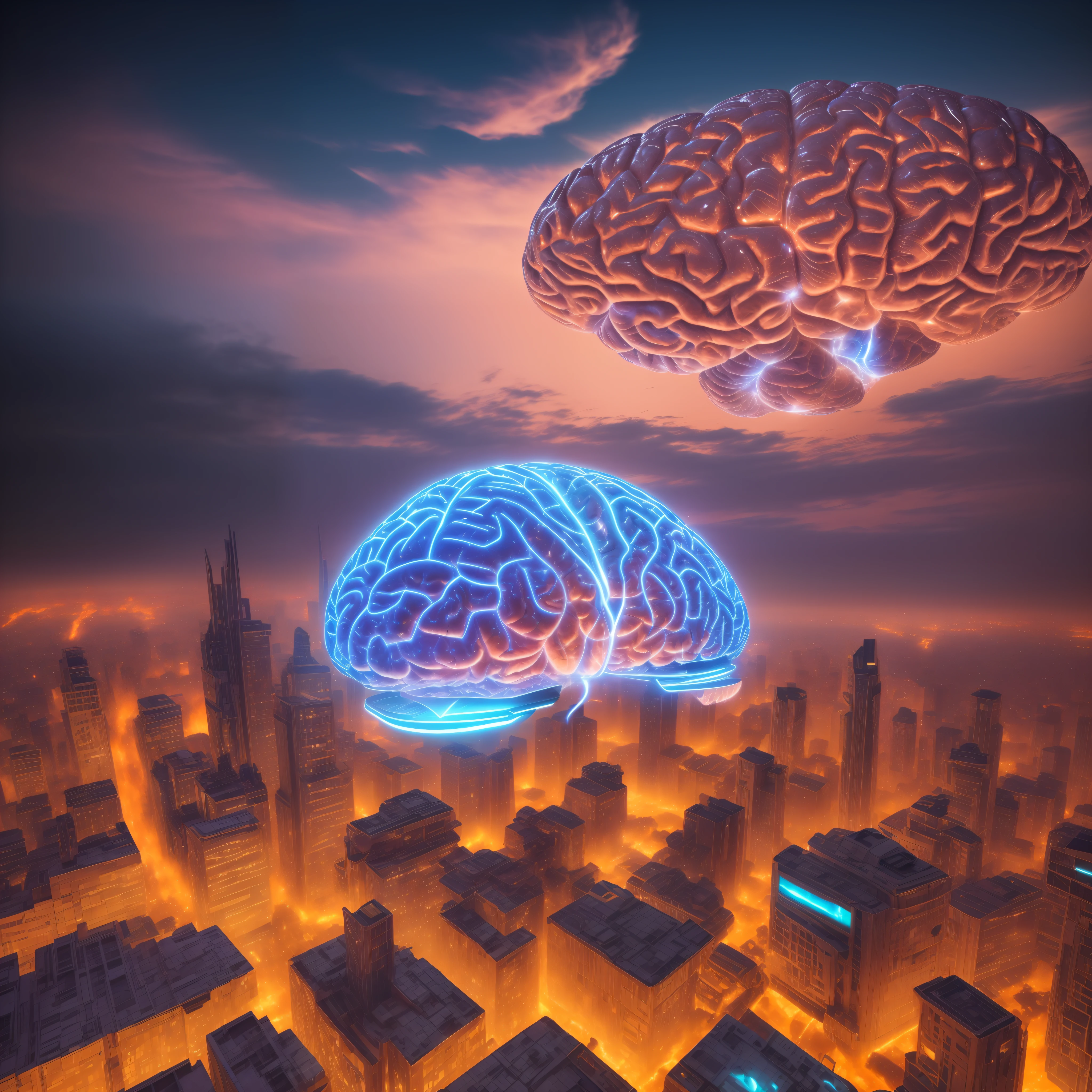 photo of a large brain on fire, (background of a futuristic city)+, bread from flying cars, blue rays, (complex details: 1.12), hdr, (complex details, hyperdetailed: 1.15)
