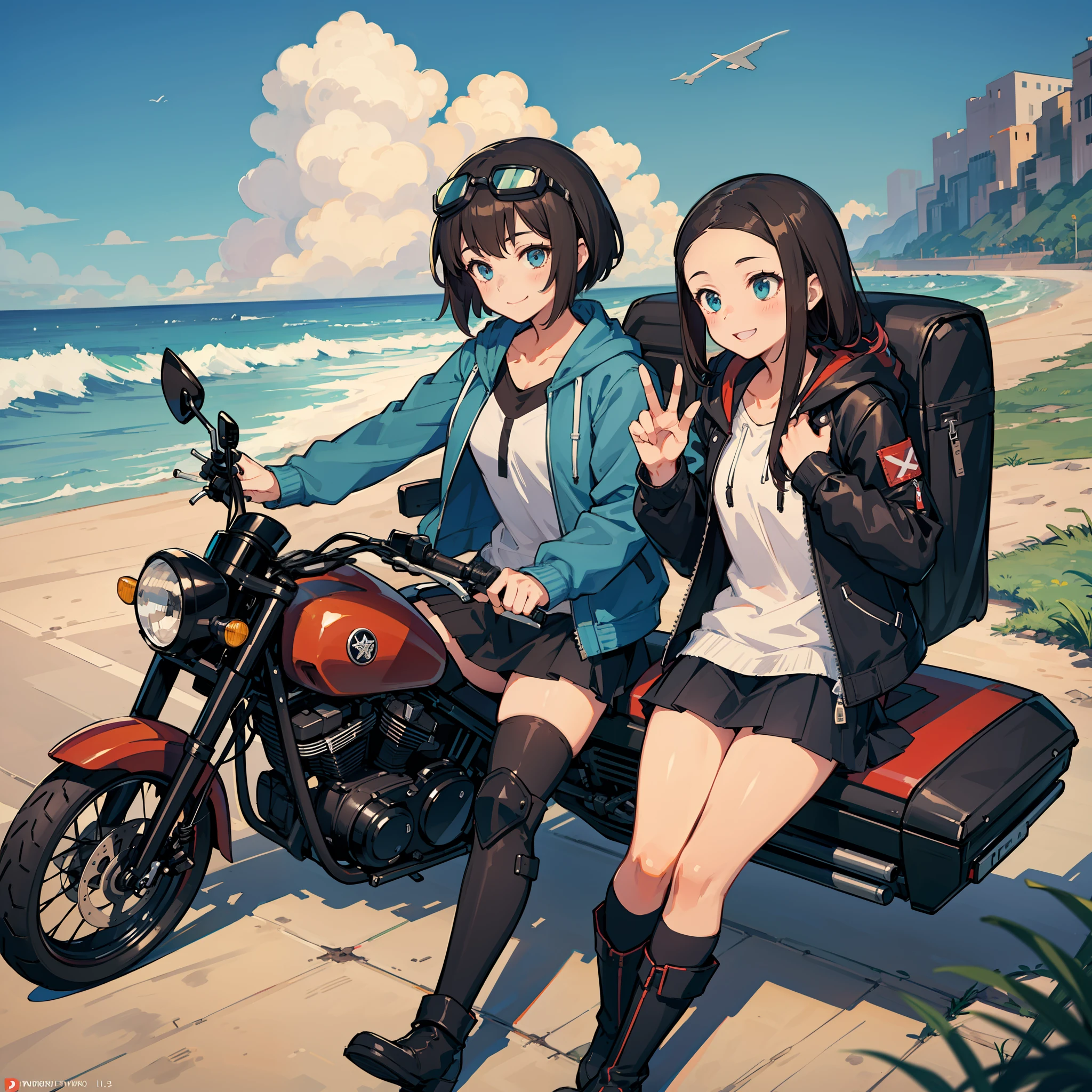 Top quality, masterpiece, high resolution, two beautiful girls, black hair long hair, forehead, brown hair shortcut, fluttering hair, travel, motorcycle, touring, two seater, smile SR400, horizon, continent, country road, flight jacket, riders jacket, hood, goggles, helmet, hot pants, mini skirt, knee support, boots, clear weather, blue sky,