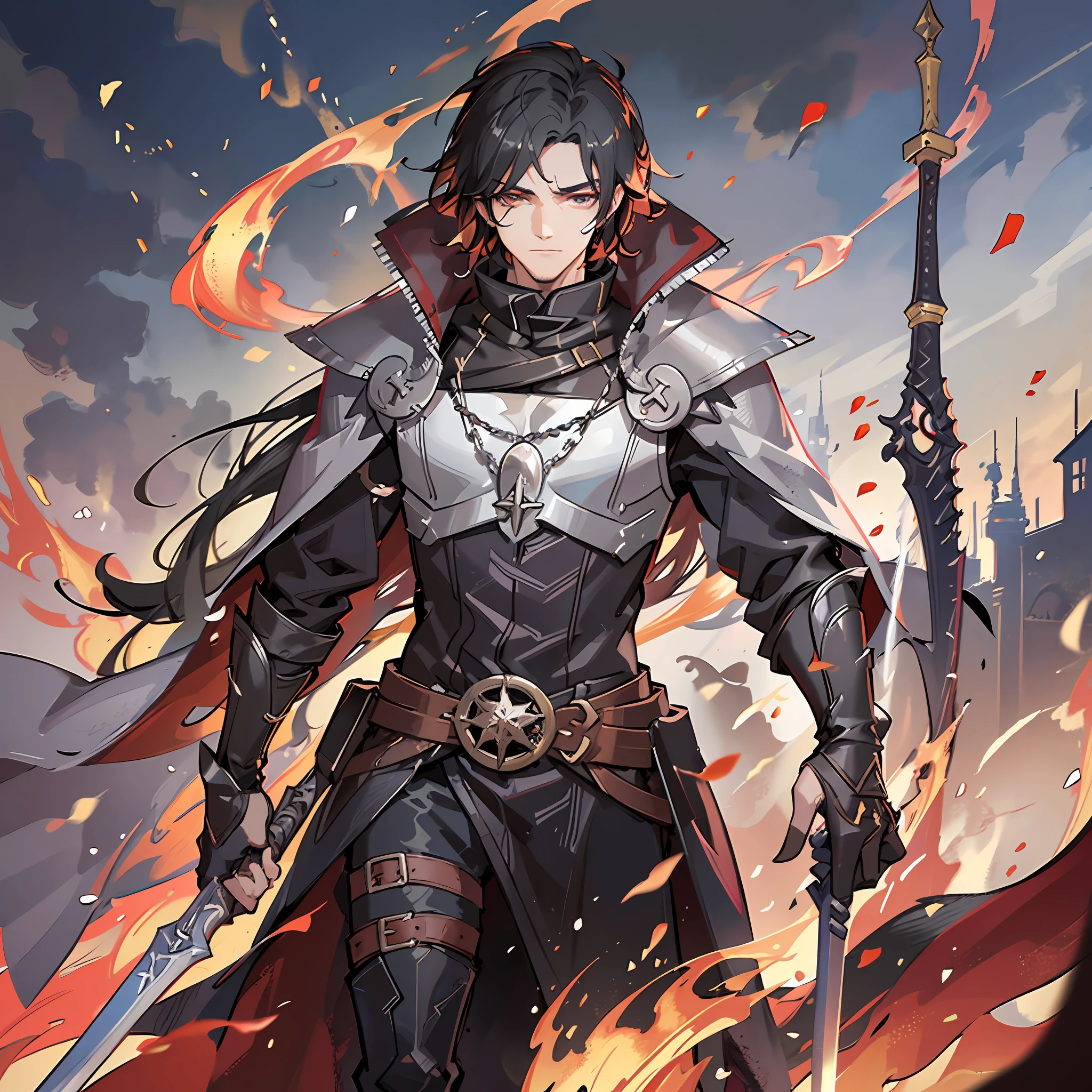 masterpiece, (best quality: 1.2), (ultra-detailed: 1.2), male elf and half thin with black hair, with bright orange eyes, wearing a light leather armor, along with a large black coat, with a bad look on his face, a flame envelops him