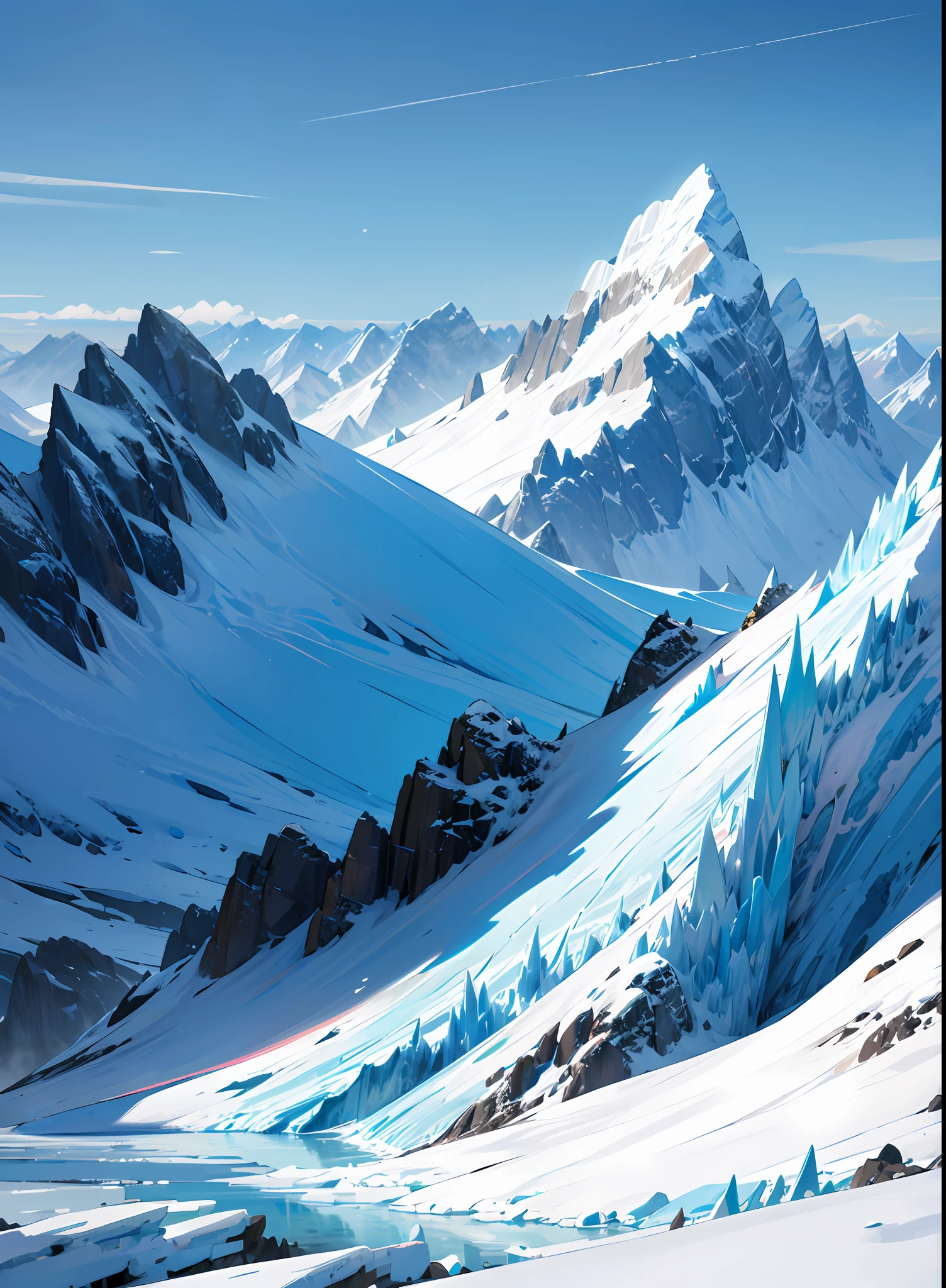 Ice and snow plateau, vast world, white clouds fluttering, mountain peaks on the line of sight, glaciers, --auto