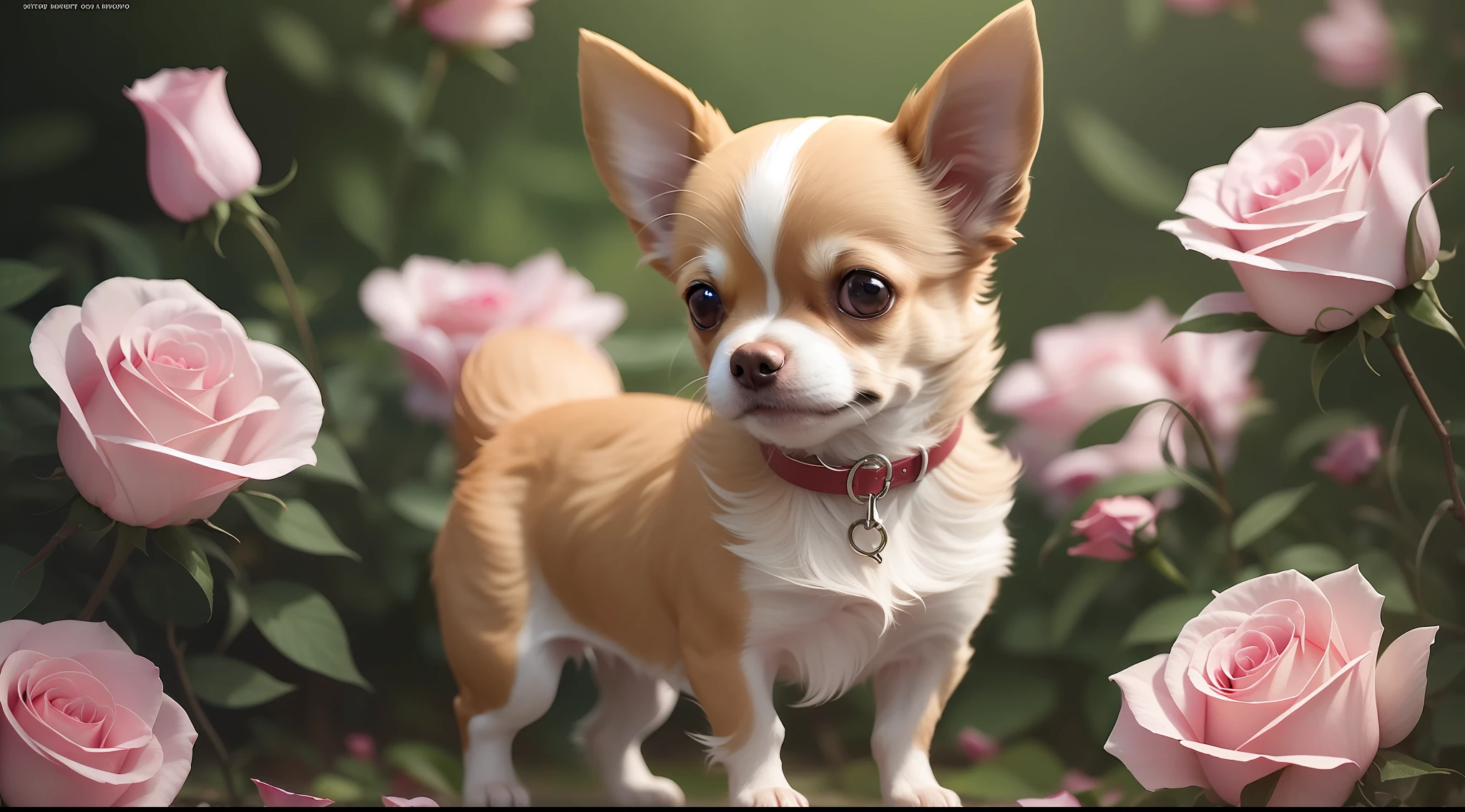 In this ultra-detailed CG art, the adorable short hair chihuahua surrounded by ethereal roses, best quality, high resolution, intricate details, fantasy, cute animal, masterpiece, romantic, soft focus chihuahua