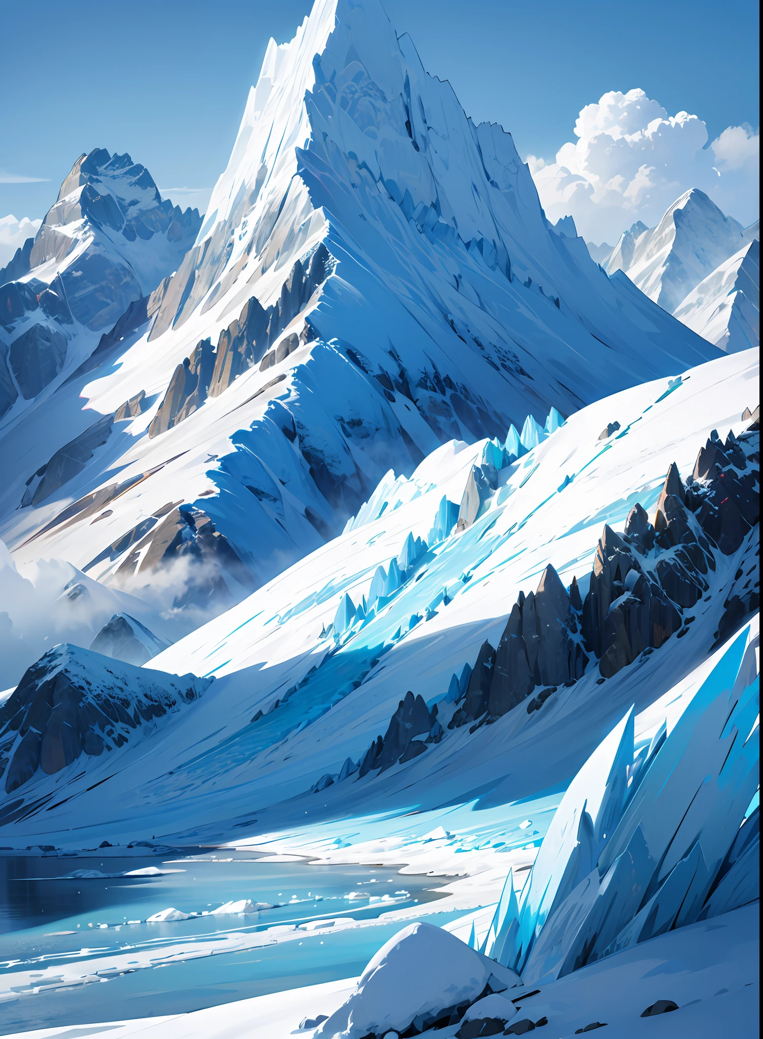 Ice and snow plateau, vast world, white clouds fluttering, mountain peaks on the line of sight, glaciers, --auto