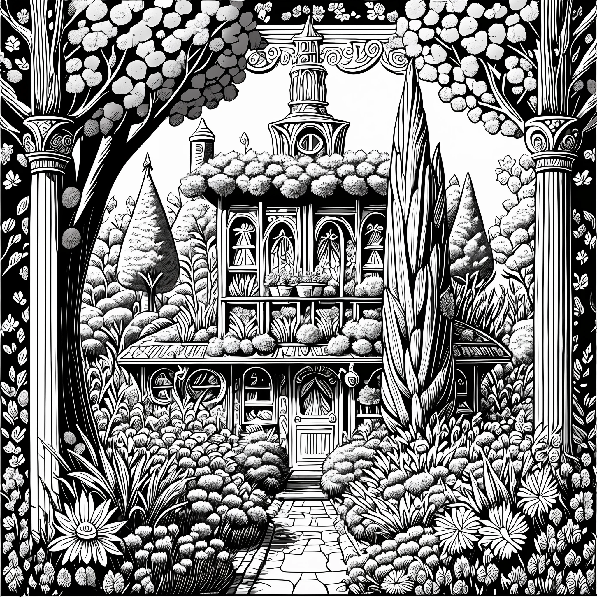 (high definition, 8k, highly detailed) Coloring book style, black and white, cat and cute in flower garden and trees, Disney style, Pixar style, monochrome --auto