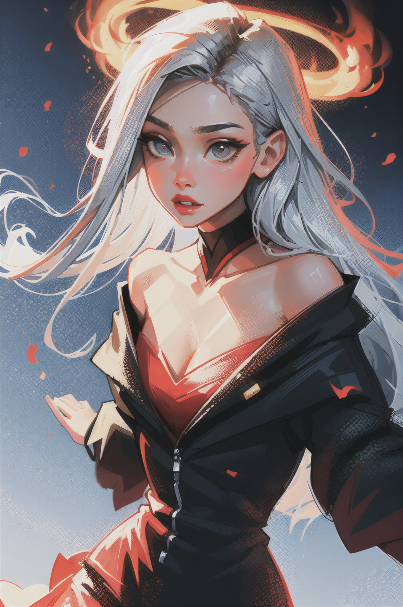 Sam Yang, ((1girl)), ENFJ character, Female named Natasha, (Natasha face:1), Saucy personality, realistic, photo, illustration, outdoor old rocky ruins, fantasy style landscape background, RAW photo, Instagram, beautiful face, perfect skin, beautiful detailed girl, detailed fingers, extremely detailed eyes and face, full body view, detailed body shading, ((dynamic pose)), silver hair, extremely long hair, x-shaped pupils, pout, Square face shape, very detailed eyes, Black magic robe, shoulder less robe, bare shoulders, red streaks in the outfit, black outfit with red designs, fantasy style outfit, cinematic lighting, depth of field, Volumetric light, depth, fire magic particles, ((Masterpiece)), UHD, 8k, high quality, best quality, anatomically correct, high detail background, realistic background, high detail background, realistic background