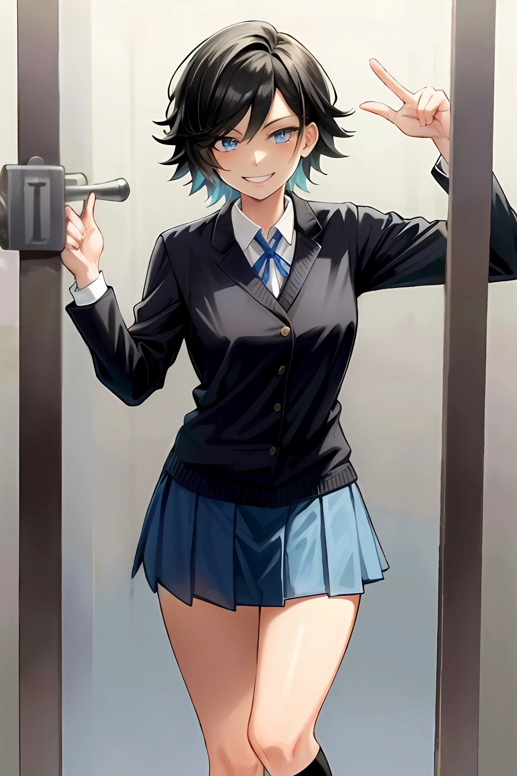 Masterpiece, Top Quality, High Resolution, Masterpiece, Adult Woman, Single, Light Blue Best Sweater, Pleated Mini Skirt, Black Miniskirt, Short Hair, Evil Smile, Black Hair, Bad Smile, Evil Plan, School Uniform, Uniform, Blue Eyes, Jail, Jail