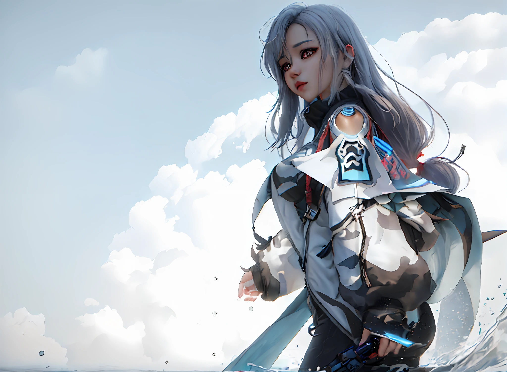 there is a woman that is standing in the water with a coat, trending on cgstation, 3 d render character art 8 k, photorealistic anime girl render, female cyberpunk anime girl, beautiful digital artwork, cyberpunk anime girl, smooth anime cg art, trending at cgstation, ross tran 8 k, tifa lockhart, 3 d anime realistic
