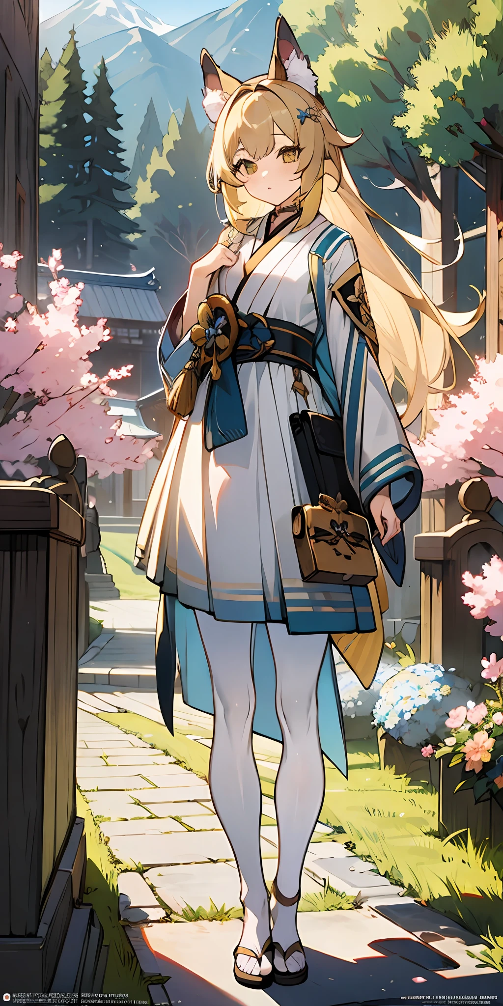Bra, best quality, masterpiece, 8K, 1 girl, (blonde hair), (white evening dress | full body), cat ears, long hair, mountains, trees, sparrows, flowers, stand, slender legs, fine details, masterpiece, best quality, official art, extremely detailed CG uniform 8k wallpaper, absurd, feet, blue, white, day, sun, japanese clothing, letterbox, white pantyhose, delicate hands,