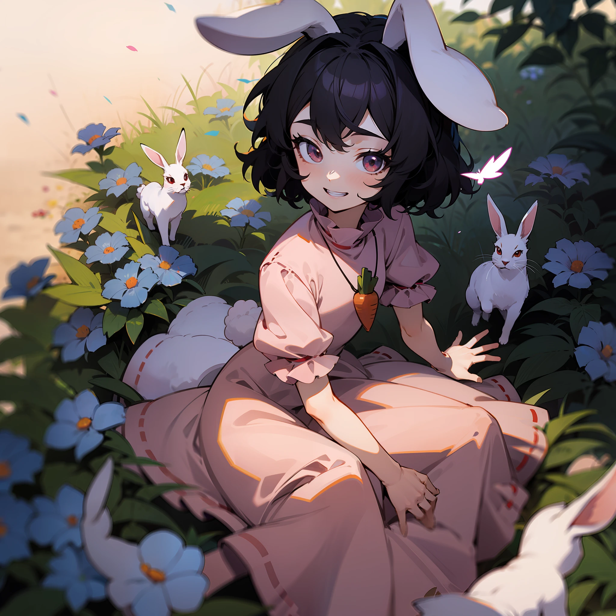 anime avatar in pink sitting in a garden flower filled path with flowers, rabbits, and a fox, 1girl, solo, inaba tewi, jewelry, animal ears, flower, dress, rabbit ears, necklace, smile, short sleeves, pink dress, black hair, carrot necklace, short hair, blue flower, red flower, looking at viewer, puffy short sleeves, puffy sleeves, grin, rose