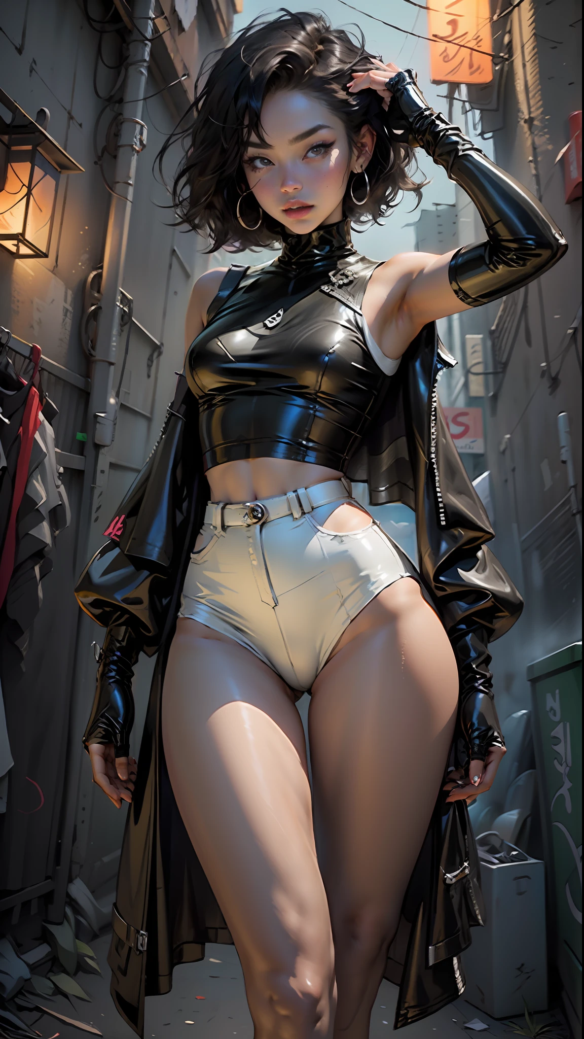 Definition of woman's body, western, american, black hair, black latex blouse, sleeveless, thin thigh, body parts, black latex short underwear, bright, dark environment, night scene, wide avenue