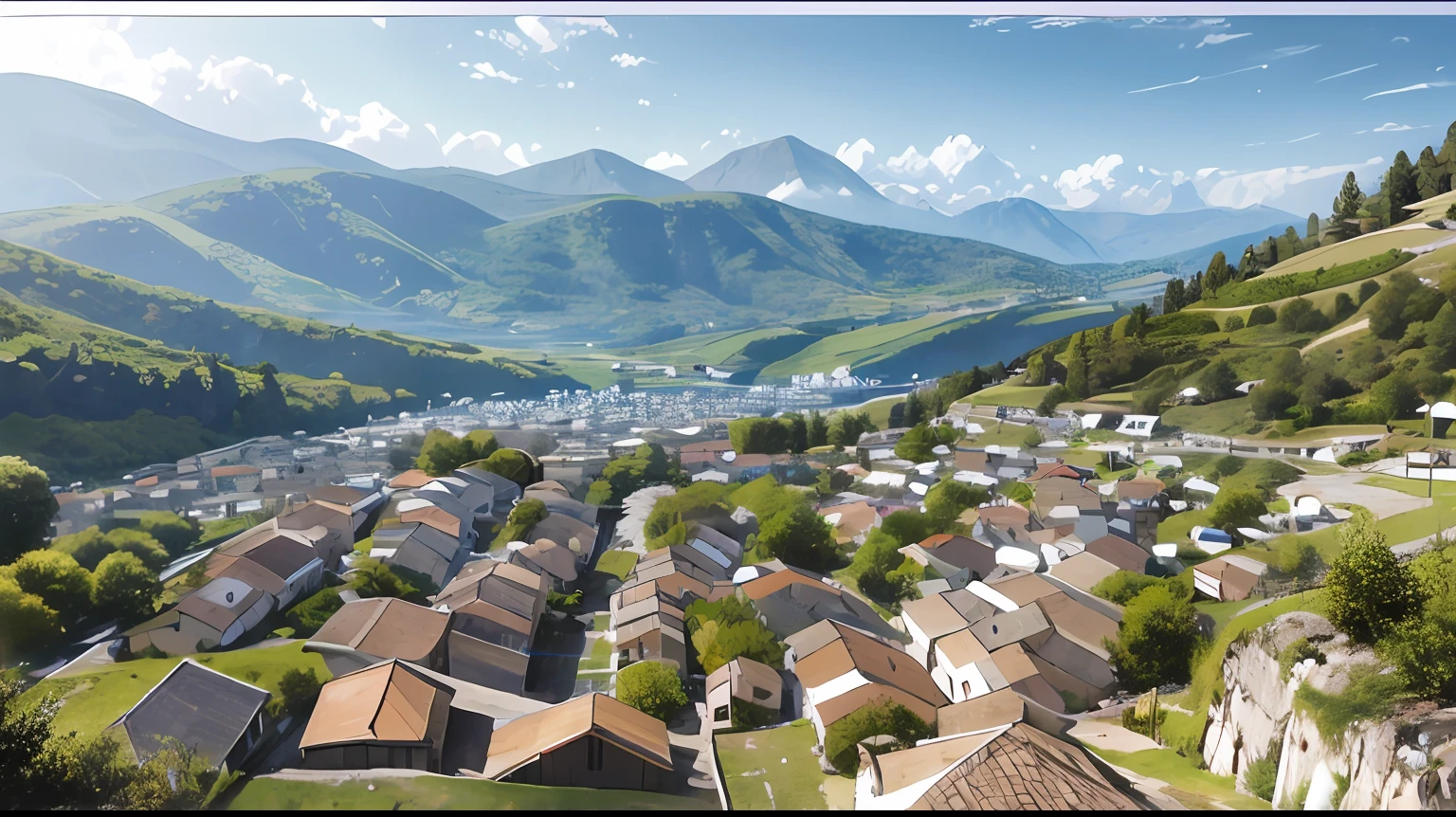 complete village, French architecture, fantasy, anime style, view from afar, --auto